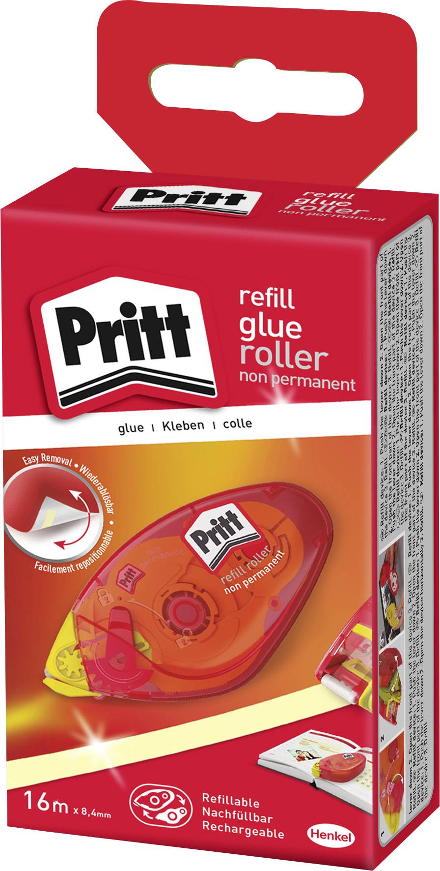 Red packaging of a Pritt refill glue roller. It highlights 'non permanent' adhesive and shows an image of the roller. 16m length.