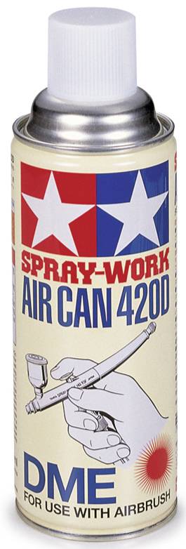 'Dose Spray-Work Air Can 420D' for airbrush applications, red and blue design with stars, sketch of a hand with an airbrush.