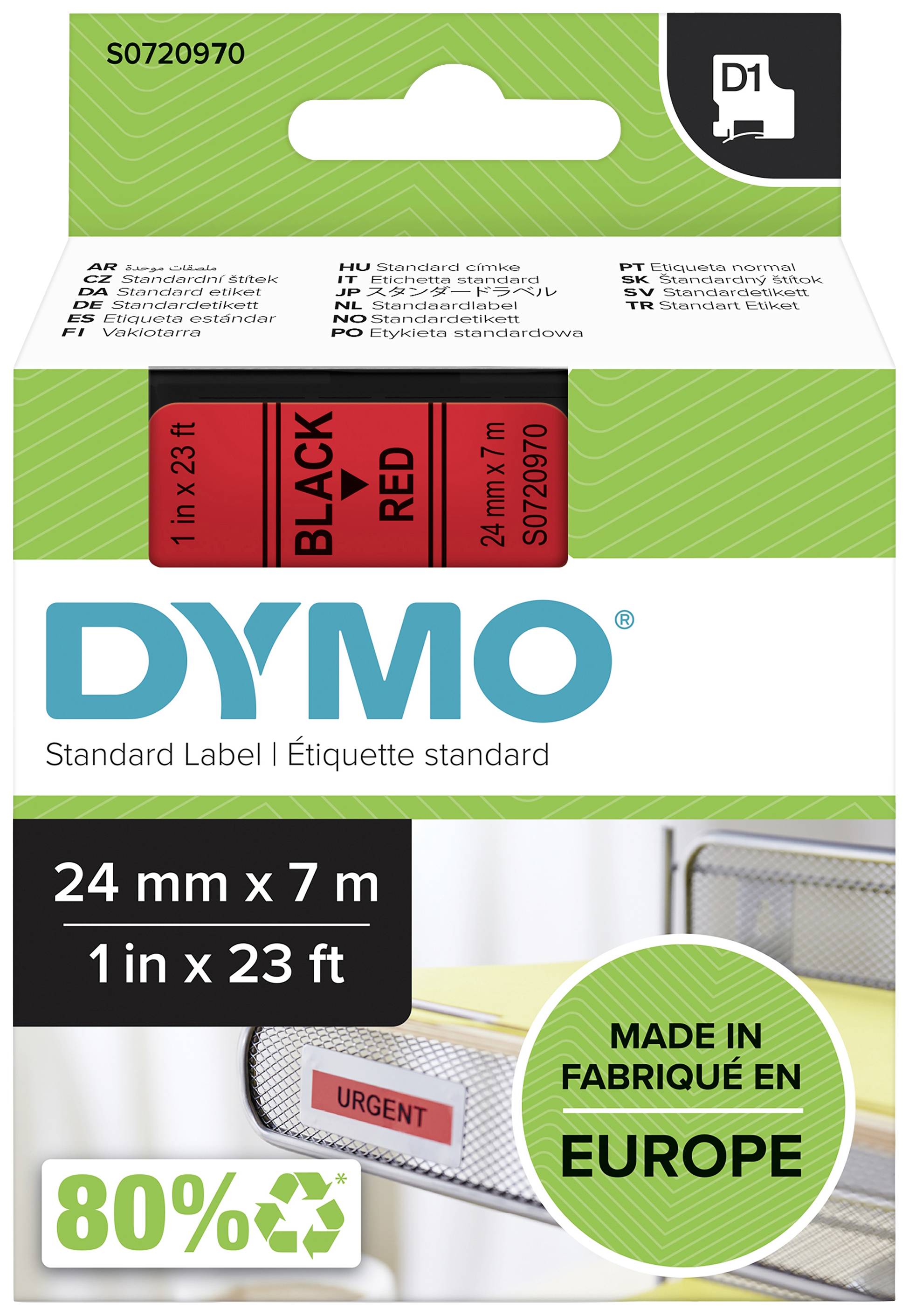 DYMO Standard Label, 24 mm x 7 m, black on red. Made in Europe, 80% recycled material. Image shows label printer in use.