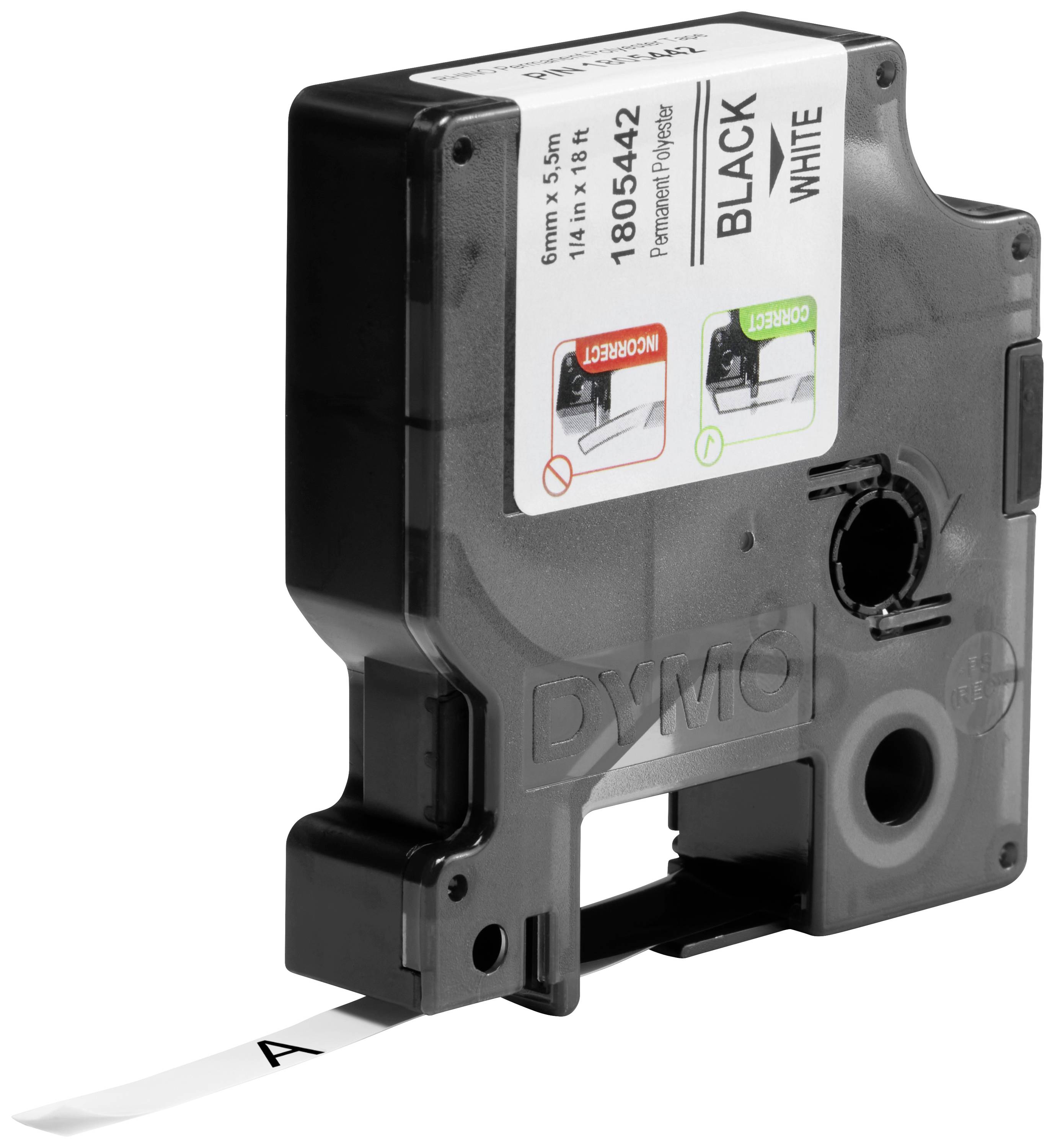 Black Dymo label cassette with white tape, partially pulled out. Suitable for labelling devices.