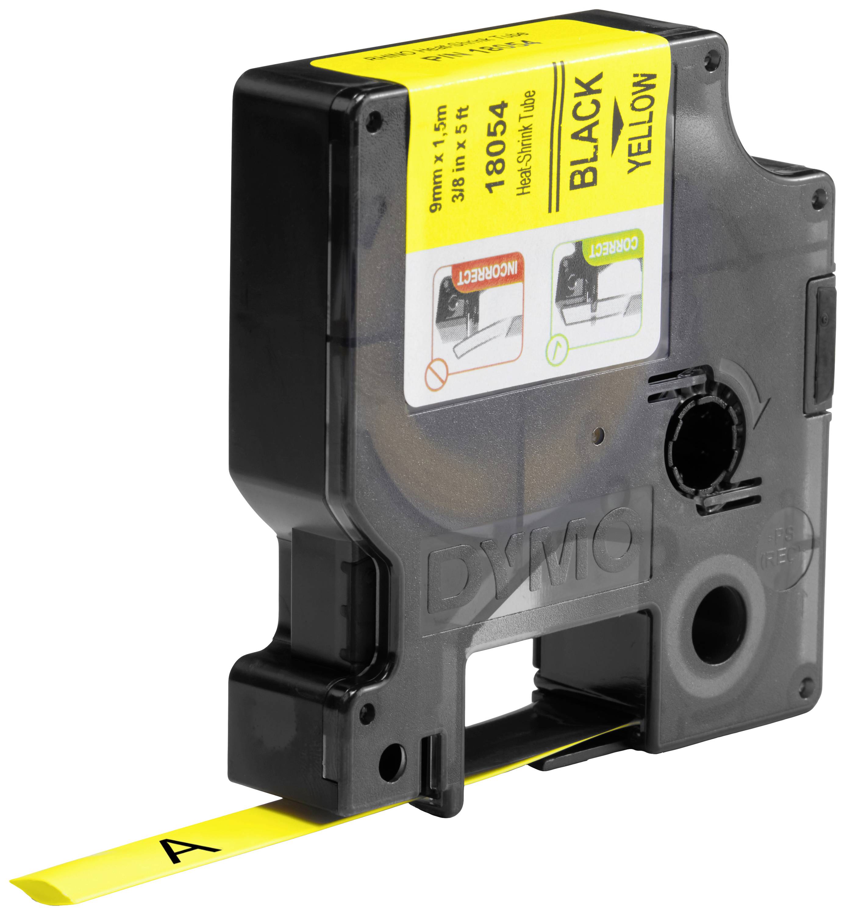 Black print label cassette on yellow tape, suitable for labelling devices. Model details on the label.