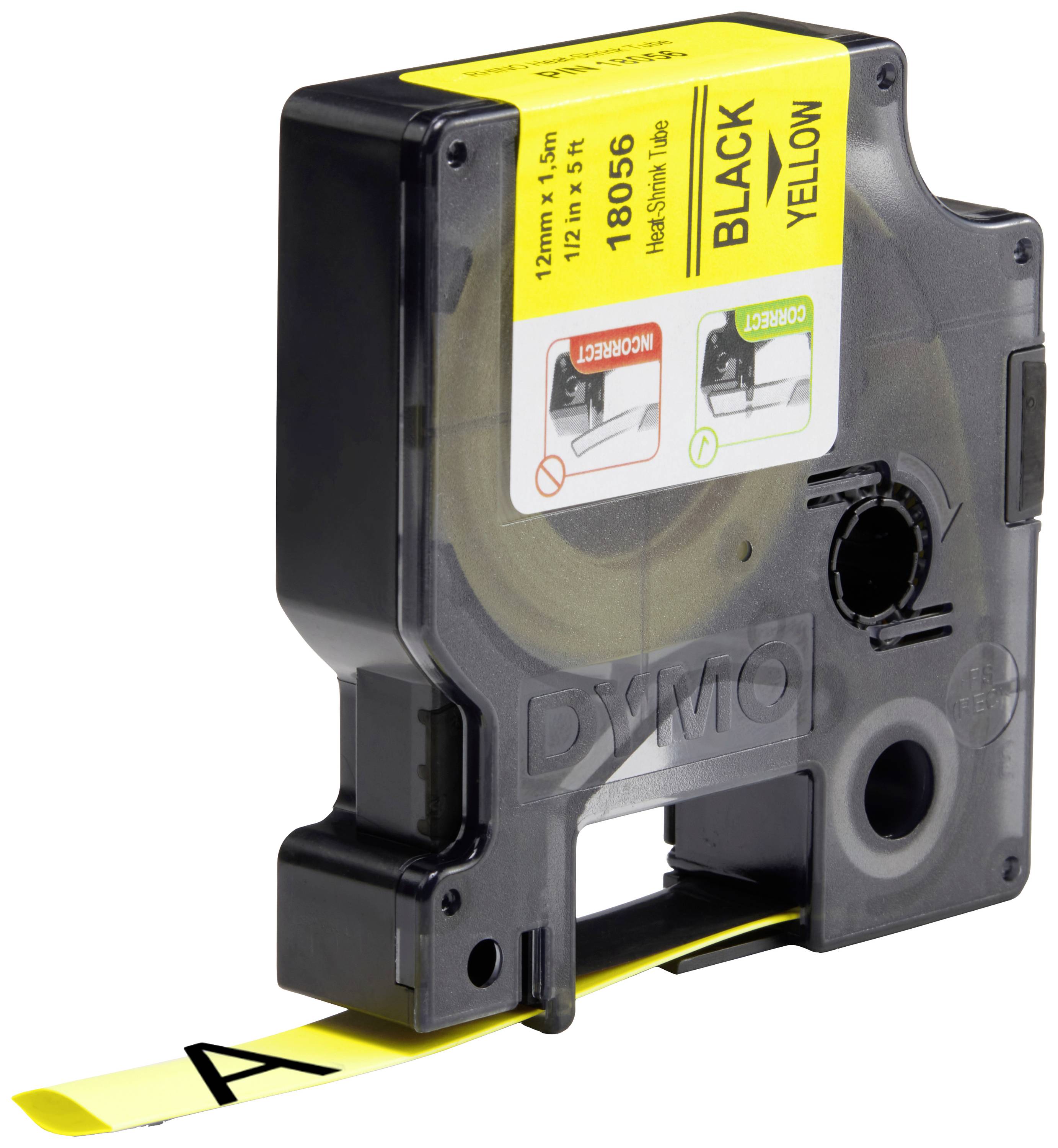 A Dymo label cassette cartridge with a yellow label and black text, suitable for label printers.