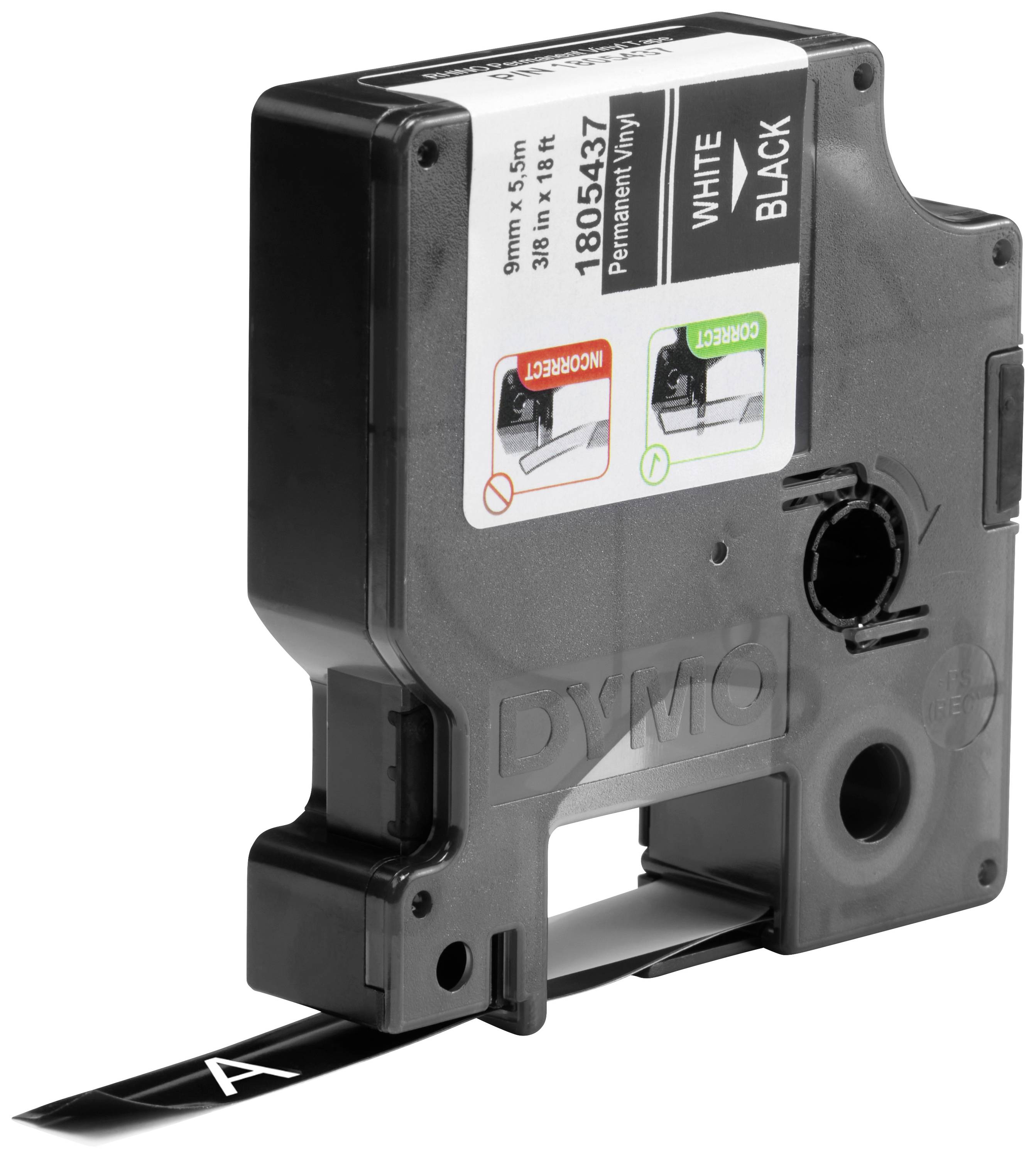 Black and white label tape cassette with 9 mm width. Compatible with DYMO labelling devices.