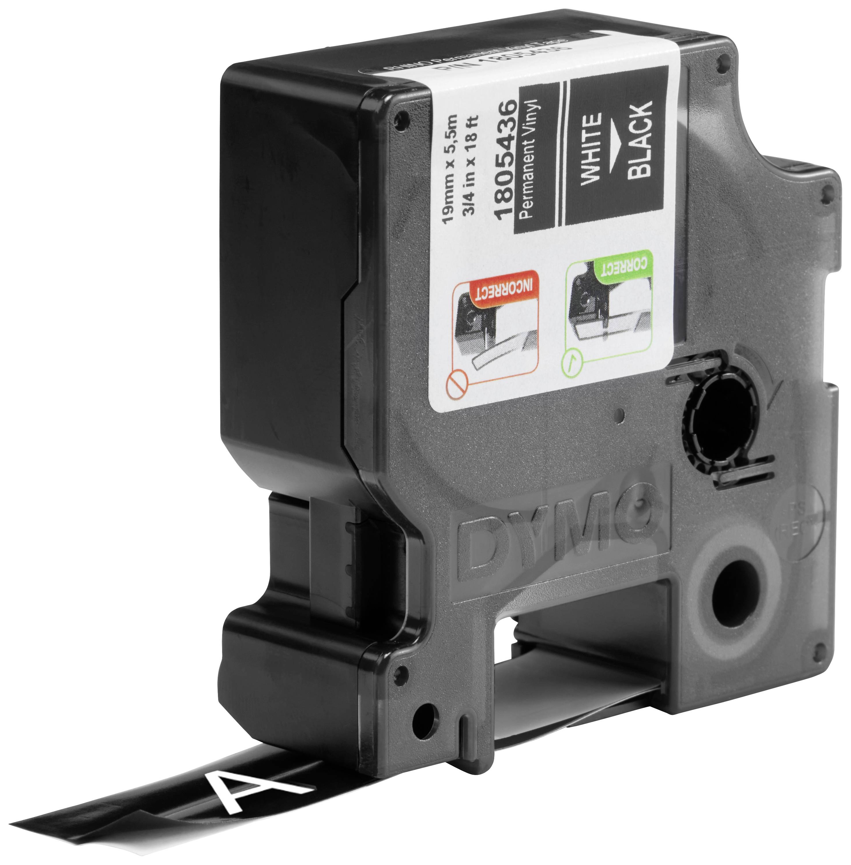 Black labelling tape cassette with white print, compatible with DYMO printers. Correct and incorrect insertion methods are shown.