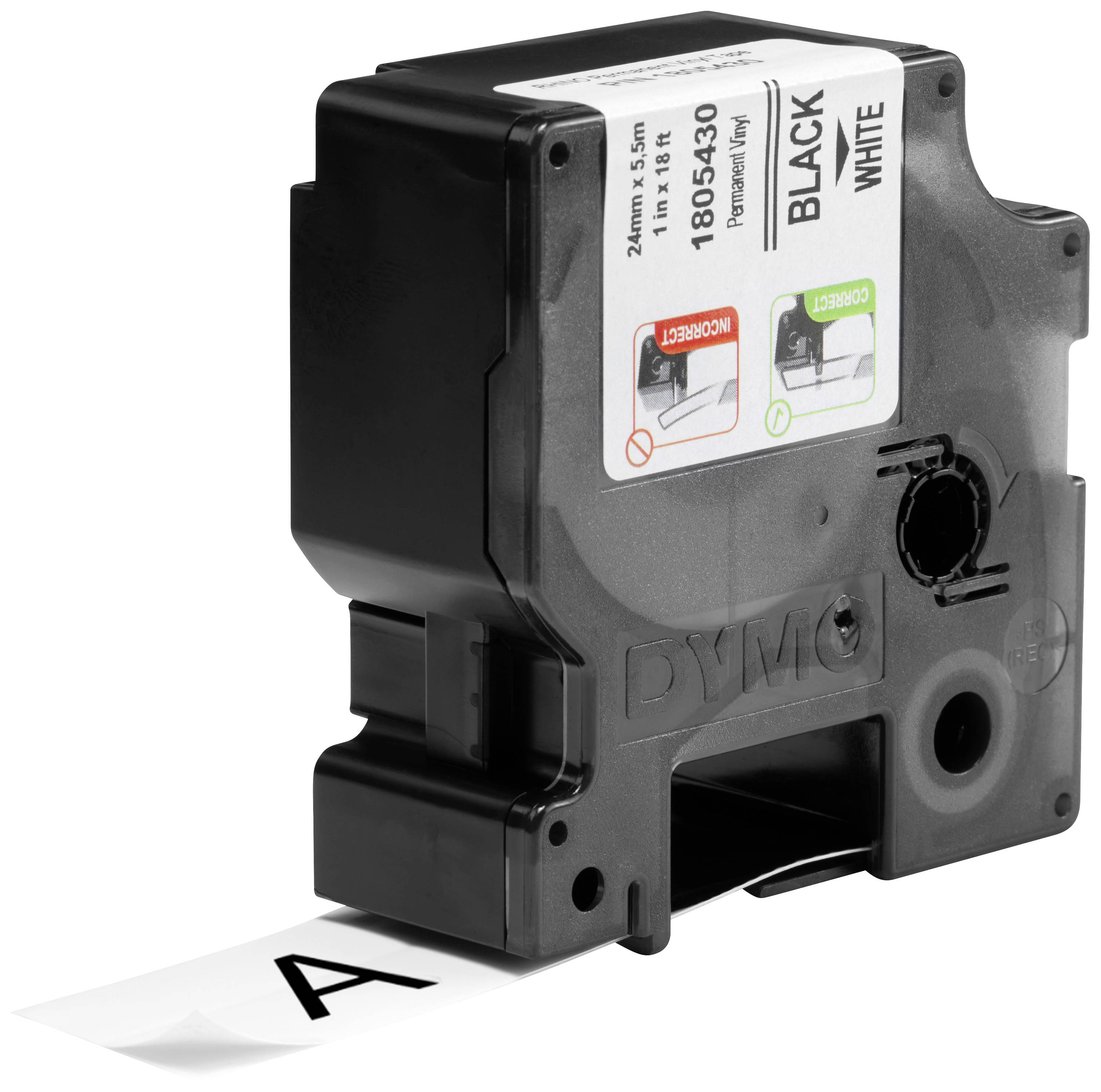 Black Dymo label cassette with white tape, showing a printed 'A'. Suitable for 12 mm wide labels.