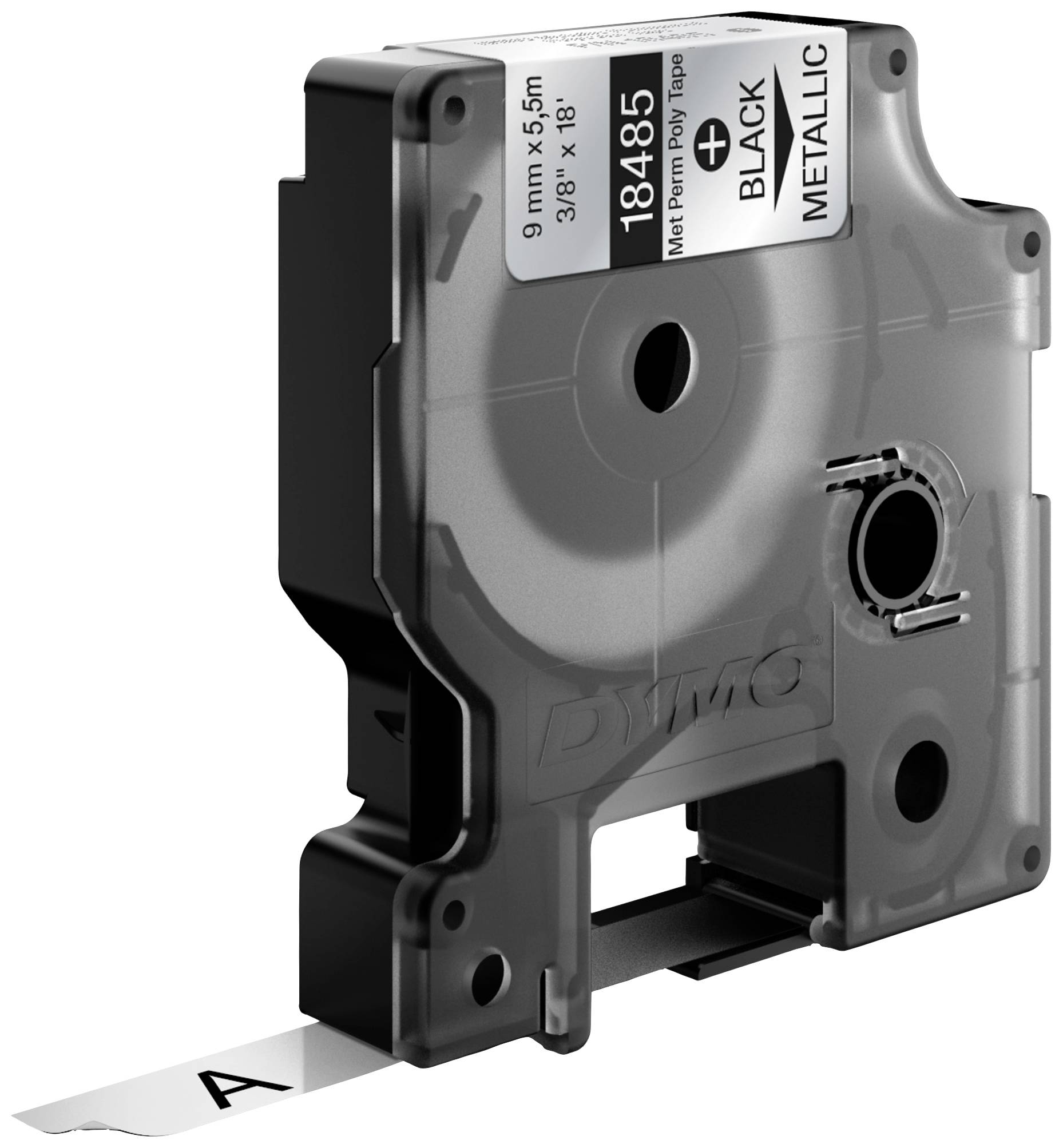 Black metallic labelling cassette for DYMO label printer, 9 mm x 5.5 m. Label with letter 'A' protruding.