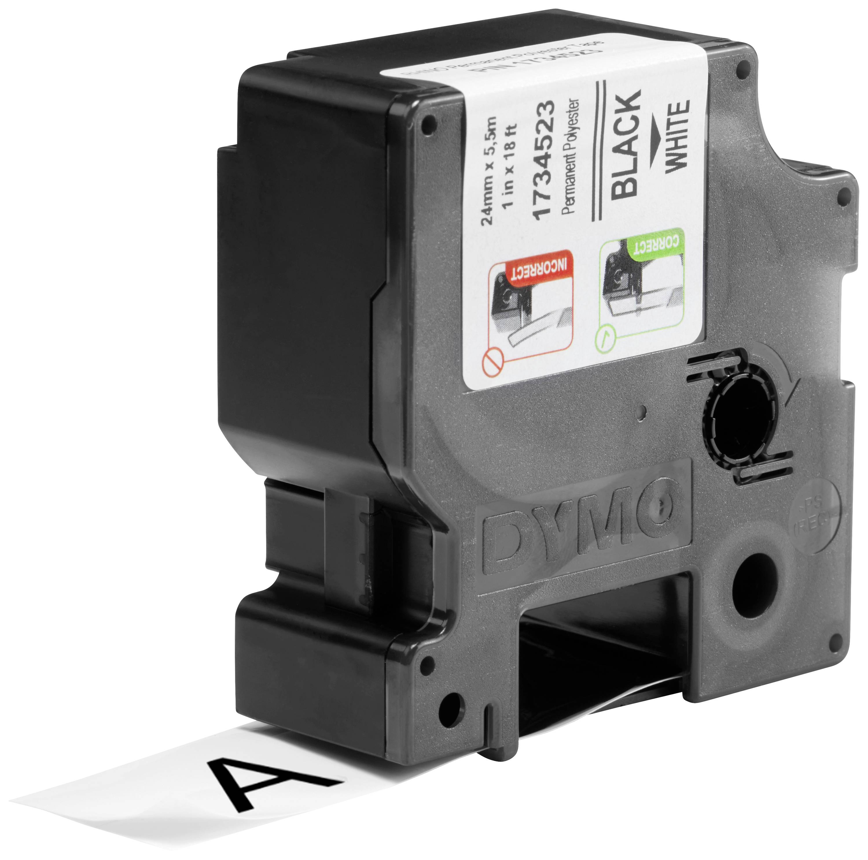 A black DYMO label cartridge with a white stripe printed with the letter 'A'.