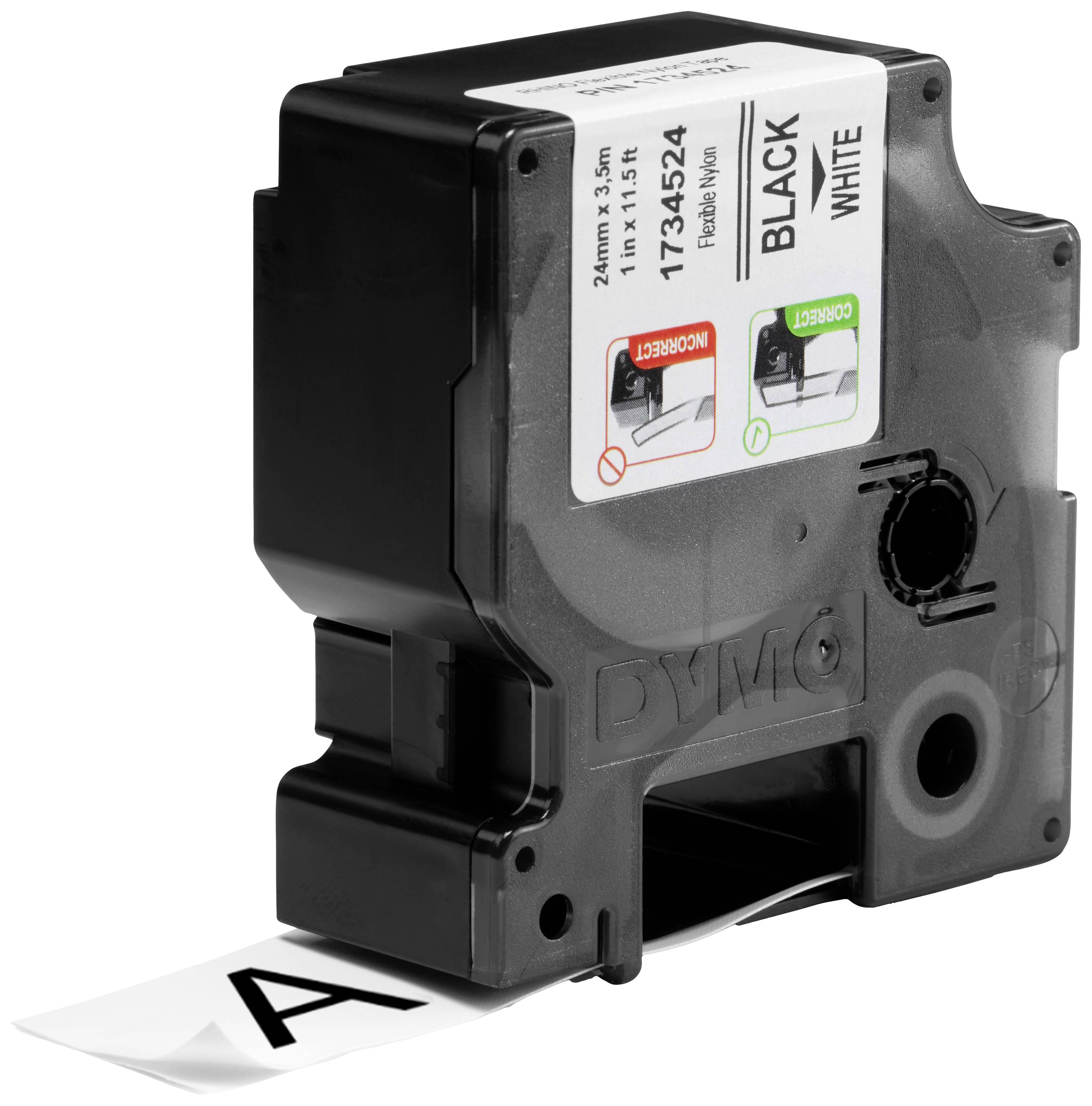 Black print on white Dymo label tape cartridge, size 24 mm x 3.5 m. Inserted tape shows the letter 'A'.