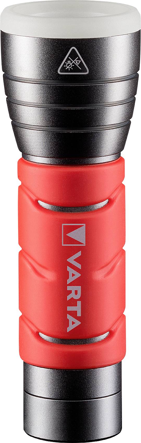 A black and red torch with 'VARTA' printed on it, showing the logo and ergonomic grip grooves for better handling.