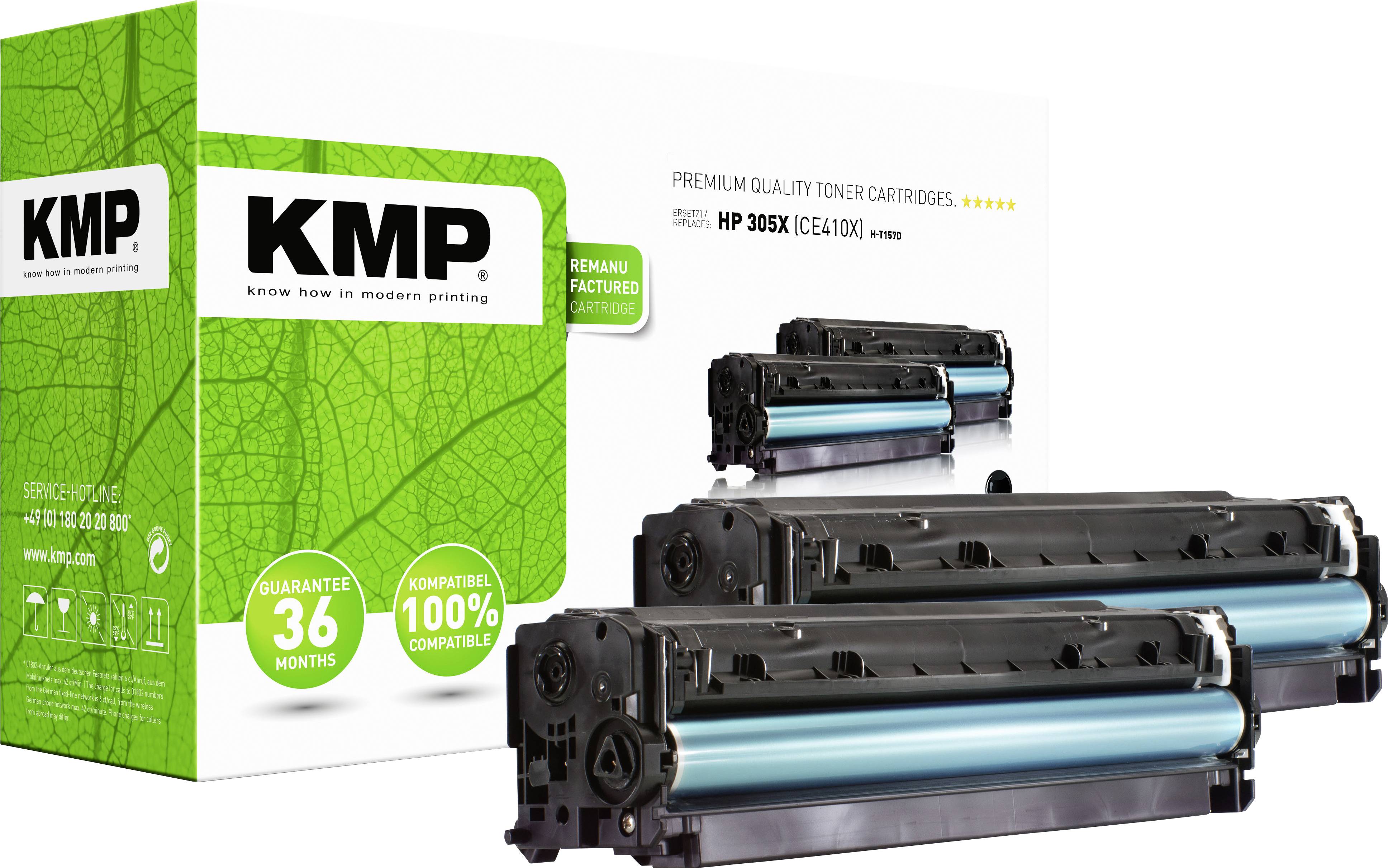 Toner cartridges by KMP brand, compatible with HP printers. Packaging with green leaf design, text: 