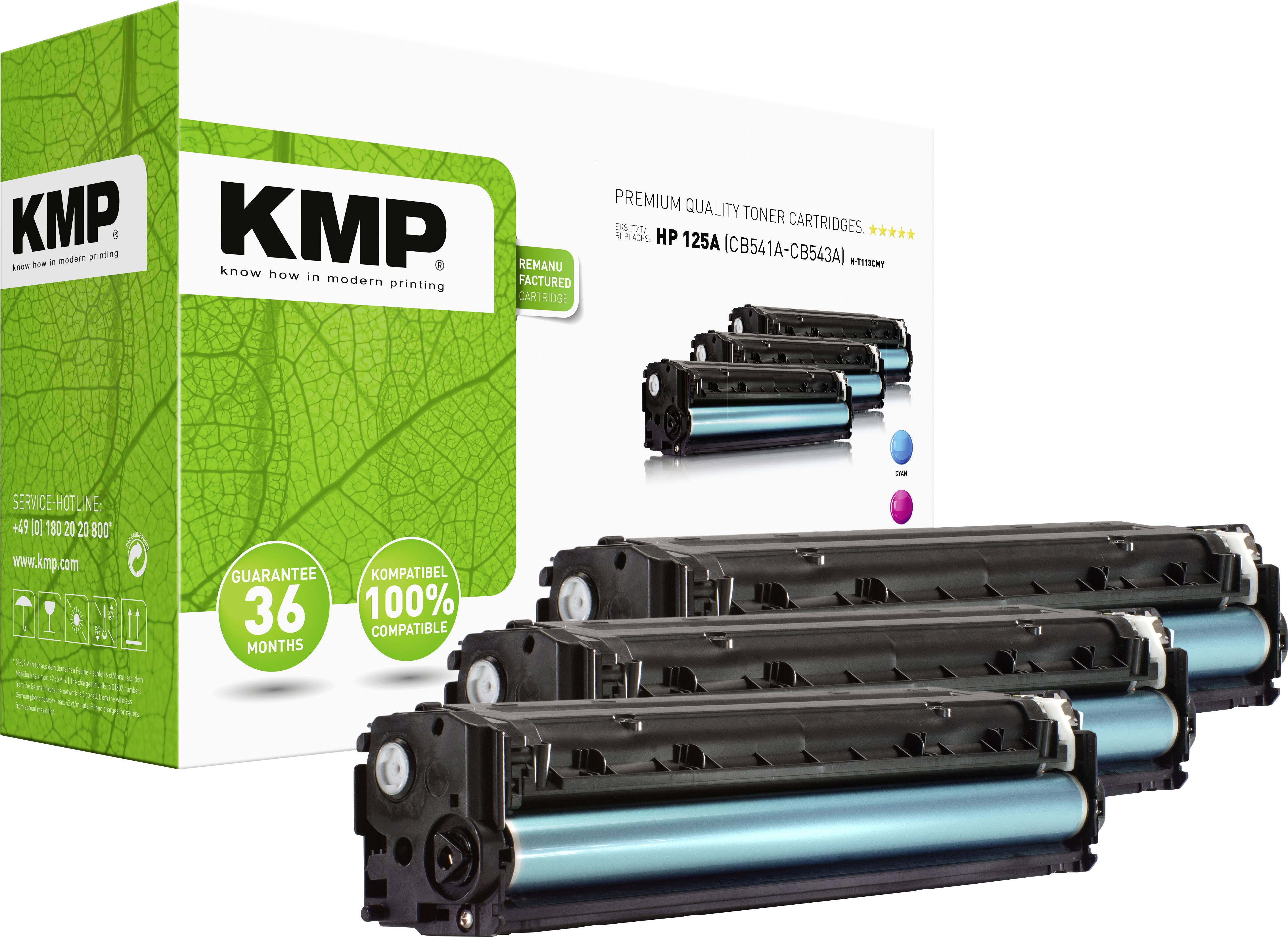 KMP Toner replaced HP 125A, CB541A, CB542A, CB543A Compatible Set Cyan, Magenta, Yellow 1400 Sides H-T113 CMY 1216,0030