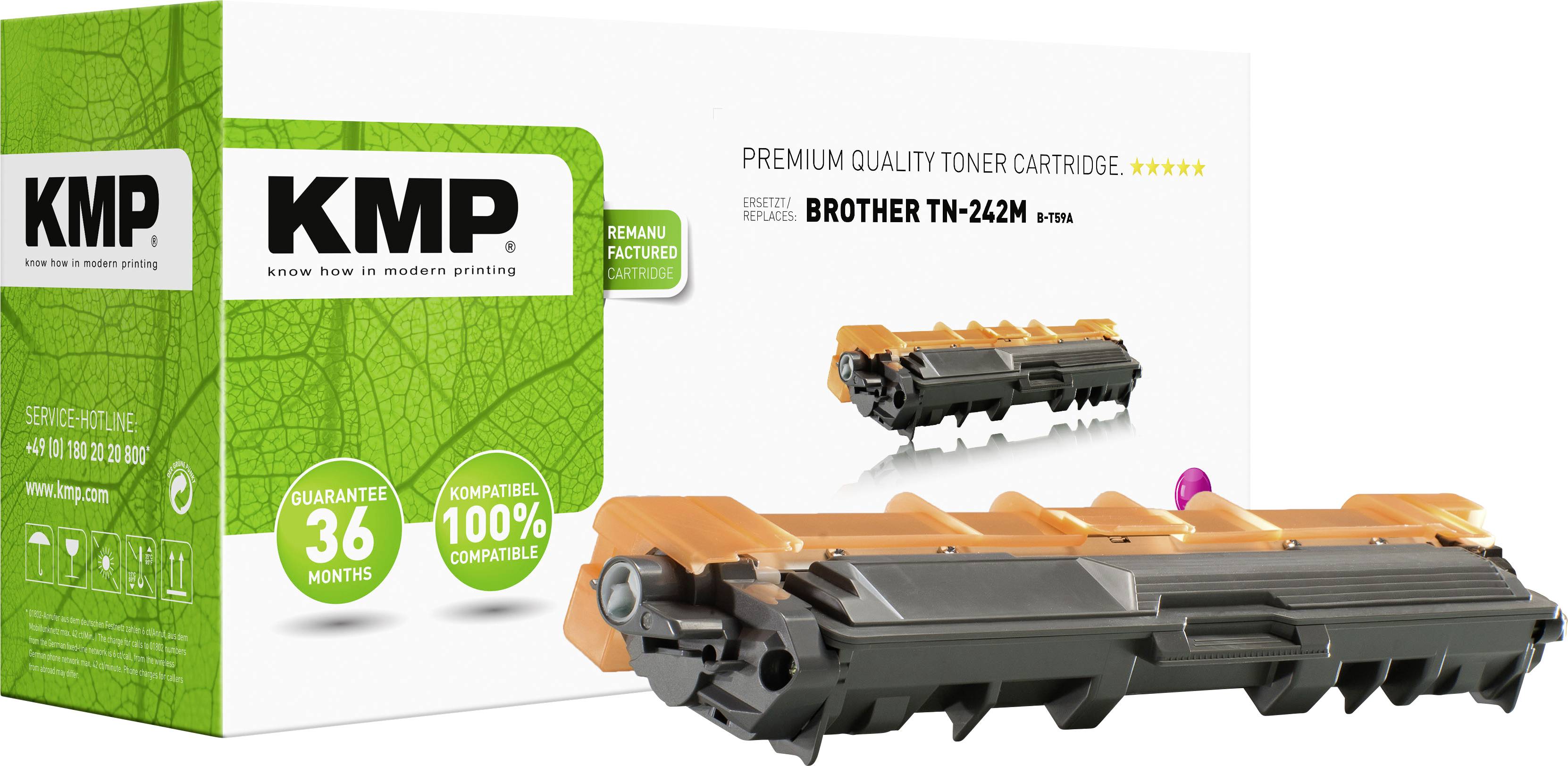 KMP toner cartridge for Brother printers, Model TN-242M, compatible and remanufactured, with 36-month warranty, in packaging.