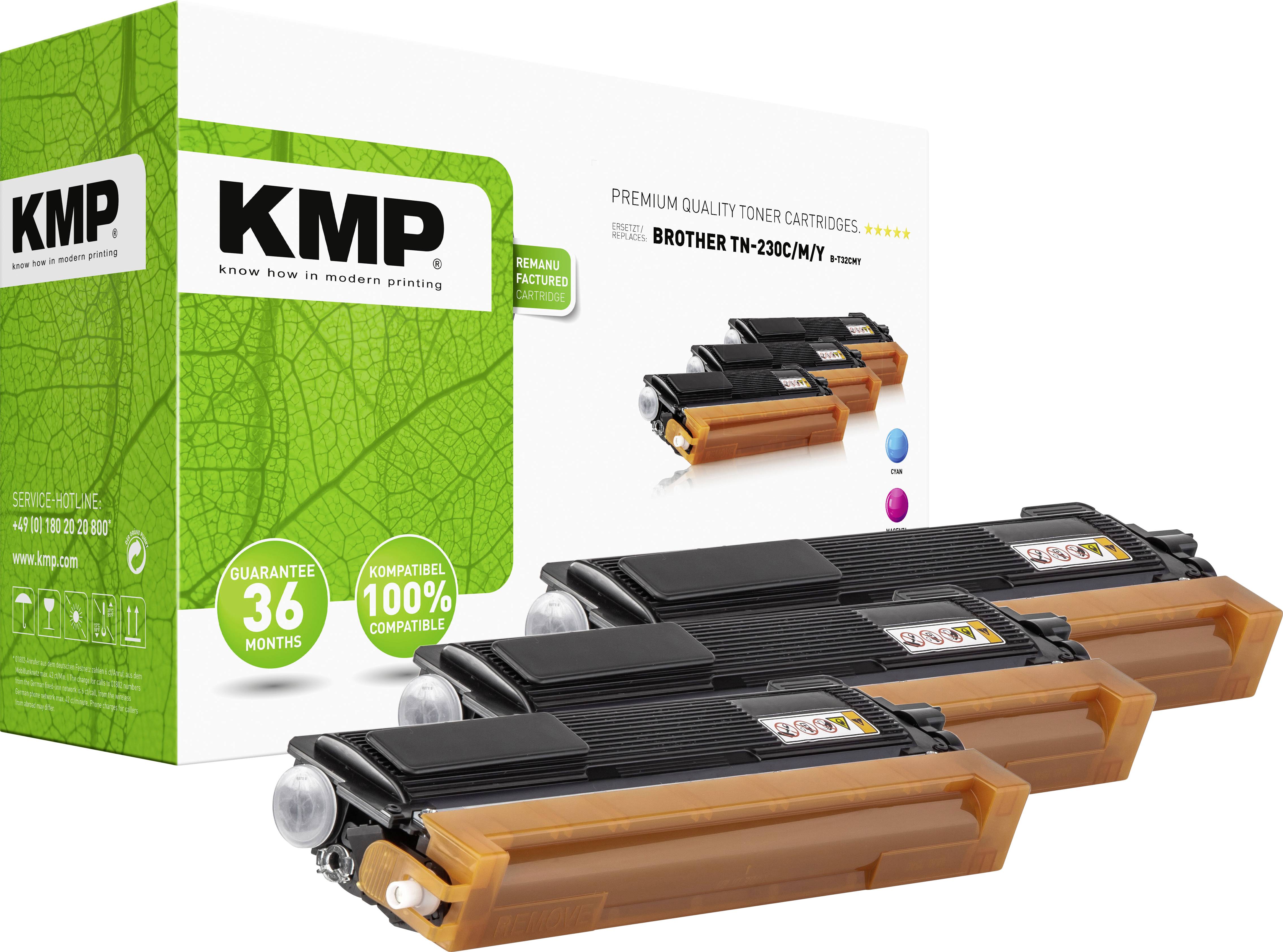 Three black toner cartridges in front of a KMP packaging with the inscription 'Know how in modern printing'.