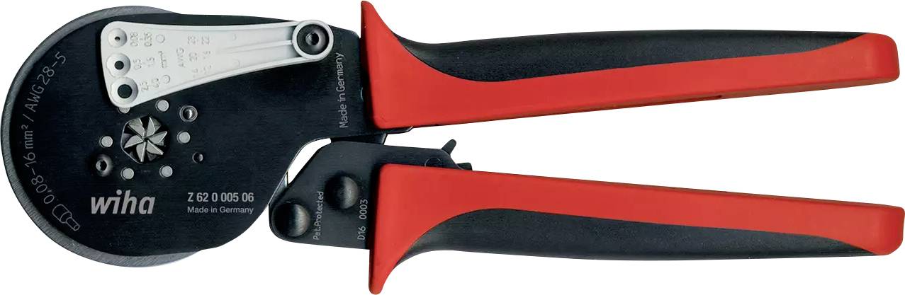 Crimping pliers with red and black handle, suitable for cable end sleeves 0.08–16 mm², brand Wiha, model number 2 6 0 005 06.