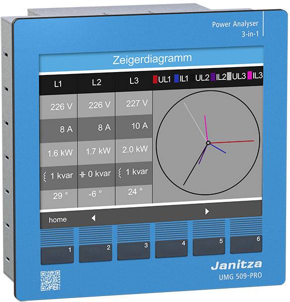 A blue device for displaying electrical measurement values: voltage, current, power, phase angle. Pointer diagram for phase view.
