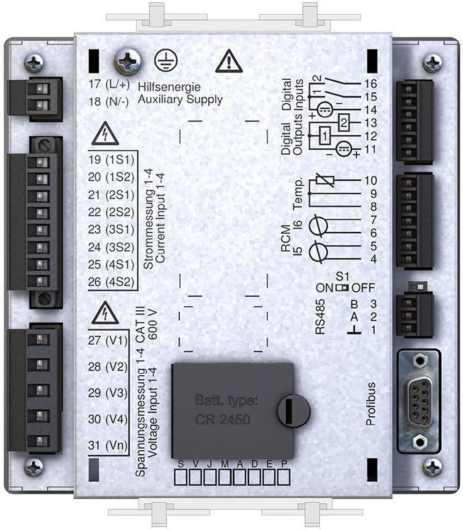 Electronic module for control cabinet, with connections, switches, and labelling. Used for device control and communication.
