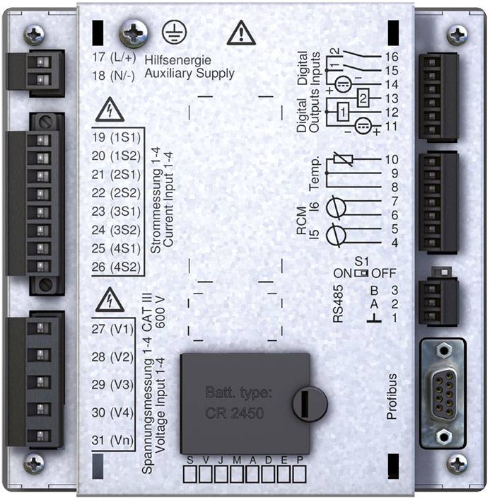 Control unit with various connections and labels for current and voltage measurements, as well as digital outputs.