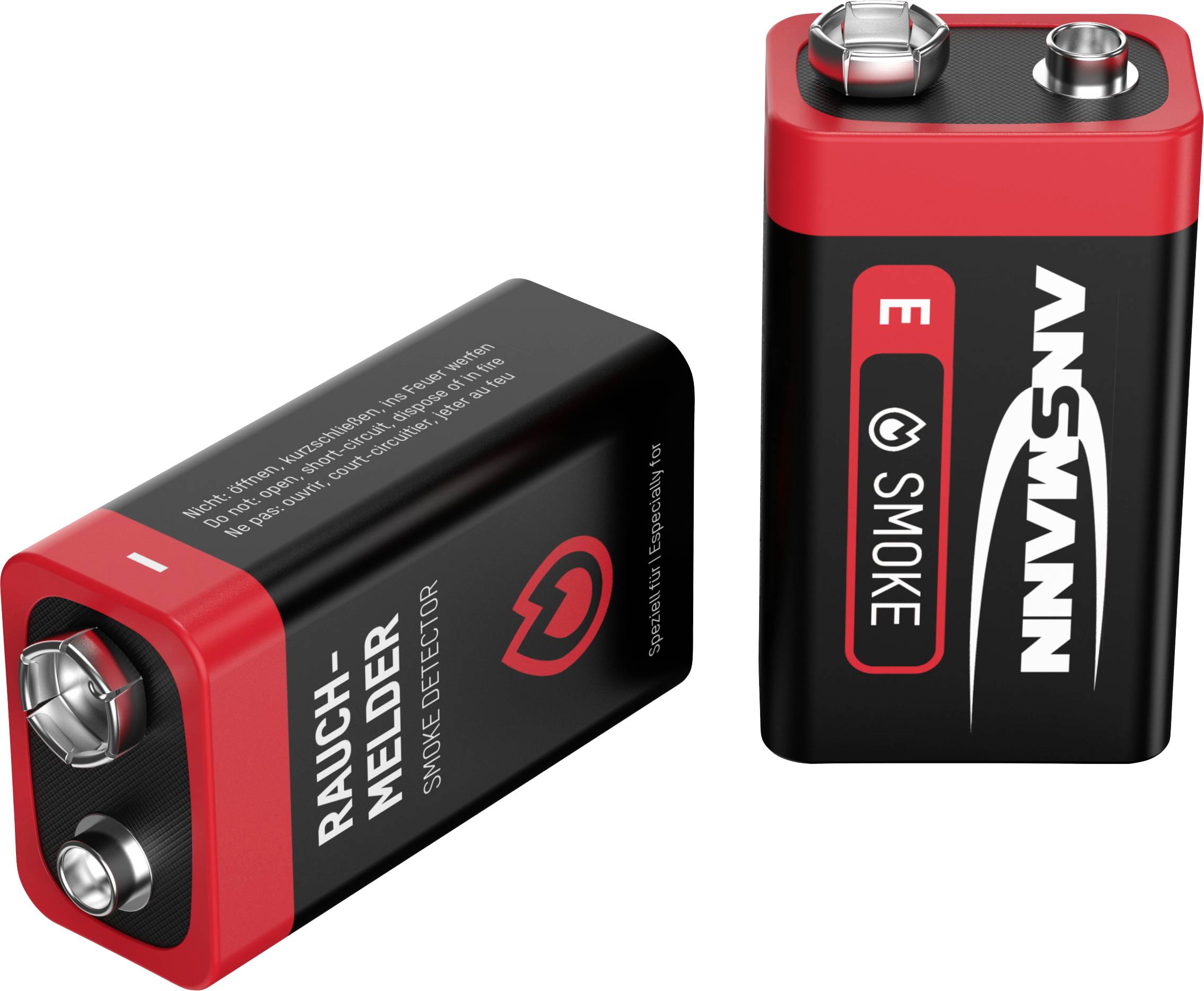 Two 9-volt batteries by Ansmann, specifically for smoke detectors. One is standing upright, the other is lying down, both showing their label.