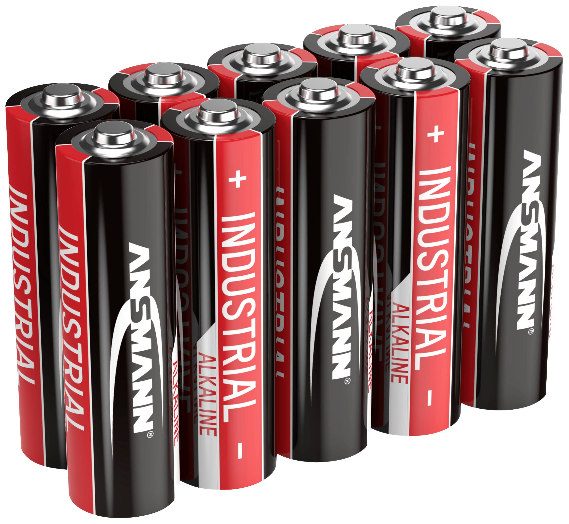 Several AA batteries with the inscription 'INDUSTRIAL' and 'ALKALINE', grouped in two rows, with black and red casings and silver ends.