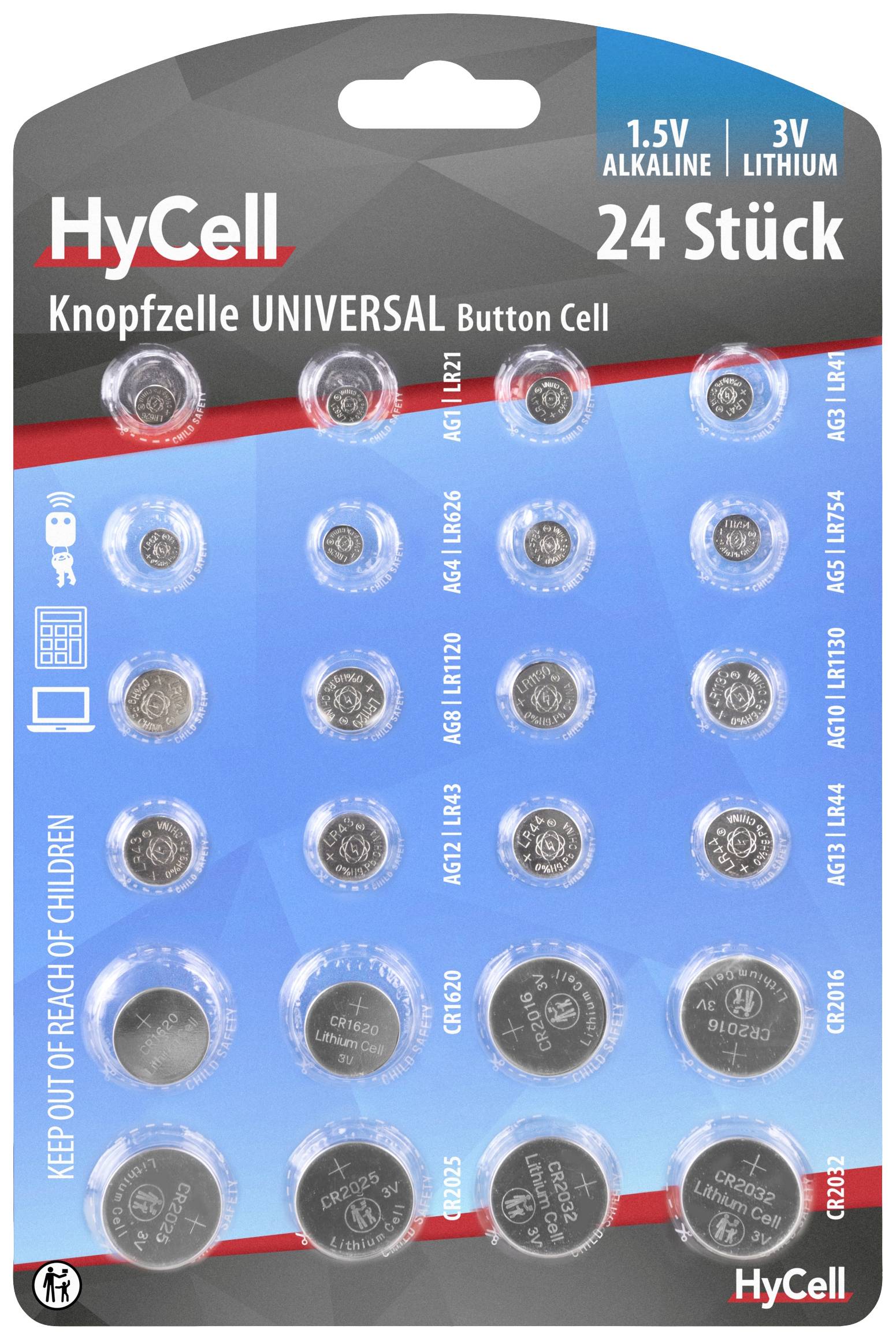 HyCell Button cell set each 2x AG 1, AG 3, AG 4, 5 AG, AG 8, AG 10, AG 12, AG 13, and each 2x CR 1620, CR 2016, CR 2025, CR 2032