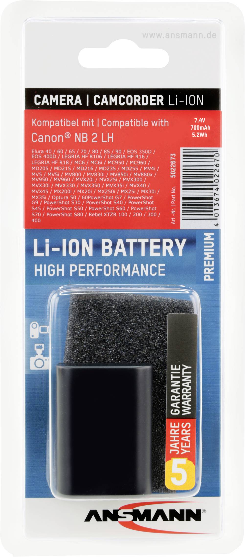 Ansmann NB-2LH Camera battery replaces original battery (camera) NB-2L, NB-2LH 7.4 V 700 mAh