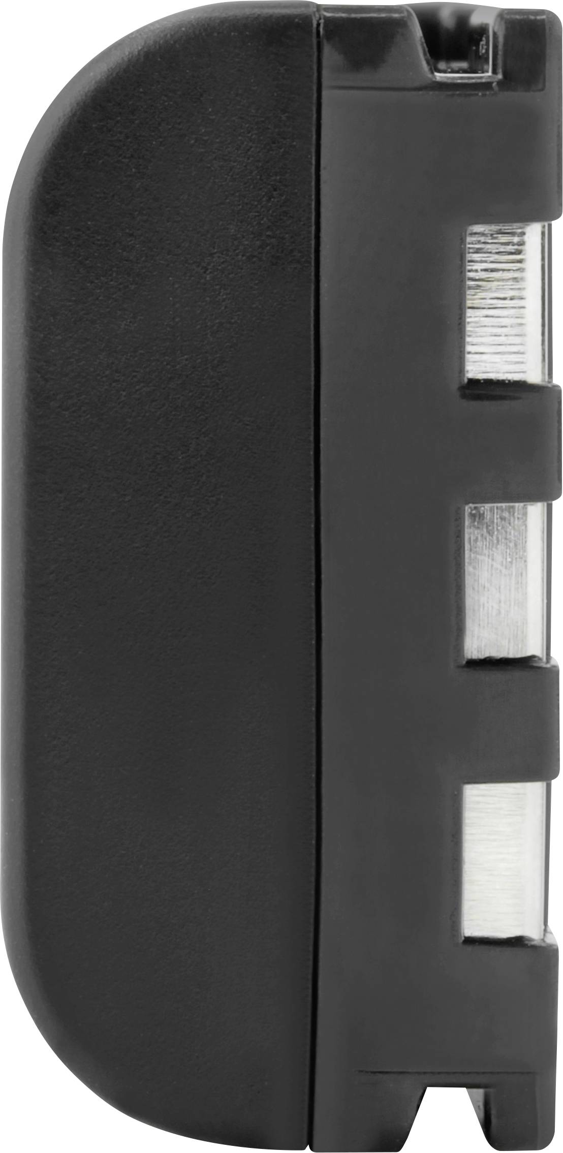 A black, rectangular electronic adapter or plug, shown from the side, with three visible metal connectors.
