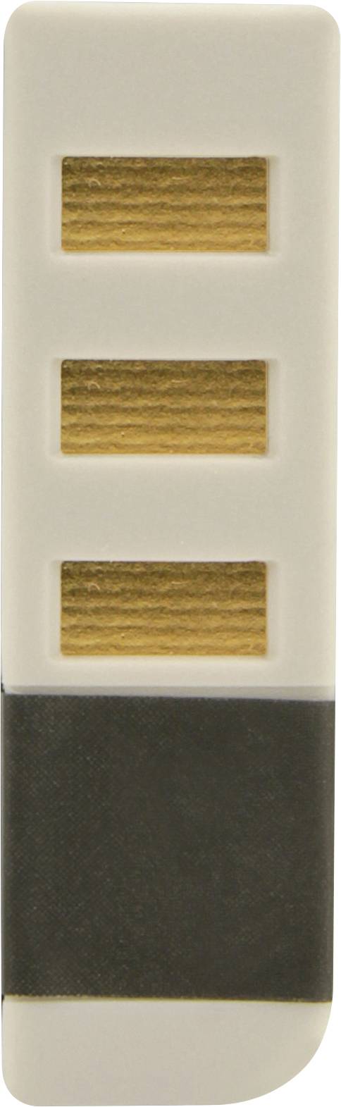 A USB stick with a black and gold design lies on a white background.