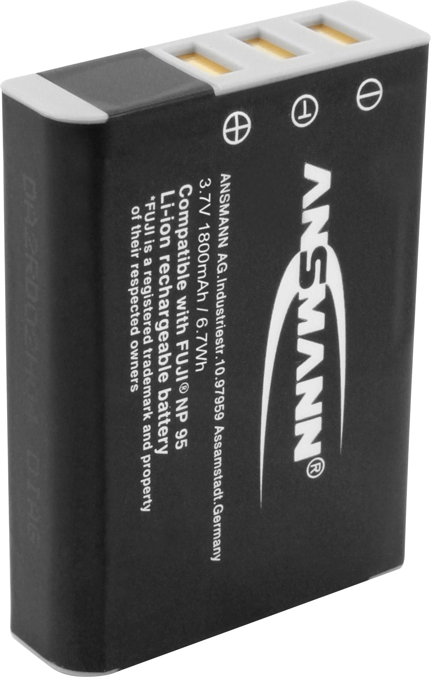 Black Lithium-Ion Battery by Ansmann, 3.7V, 1800mAh, compatible with Fujifilm NP-95. Housing and electrical contacts visible.