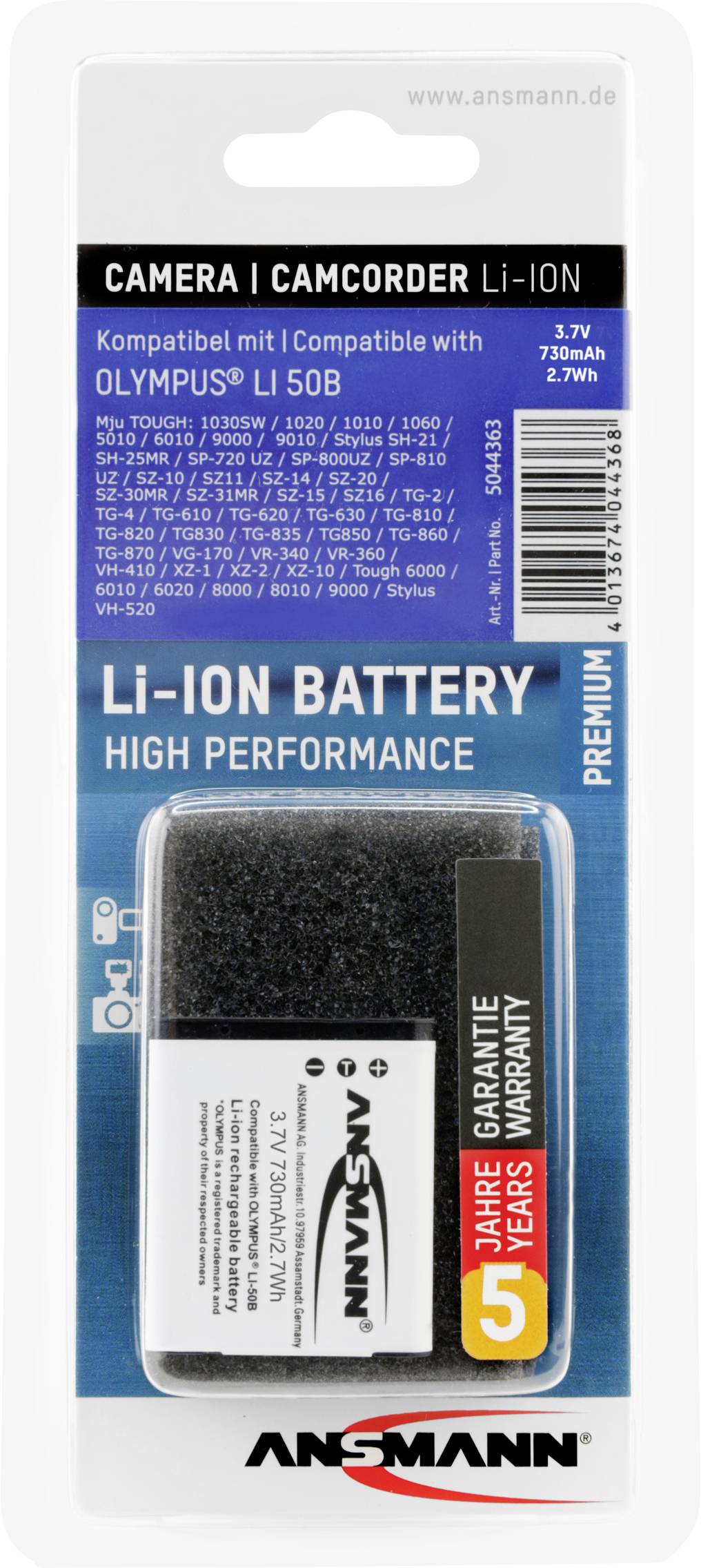 Camera/Camcorder Battery Pack. Compatible with OLYMPUS LI 50B. Li-Ion, 3.7V, 770mAh, 2.7Wh. Ansmann, 5 years warranty.
