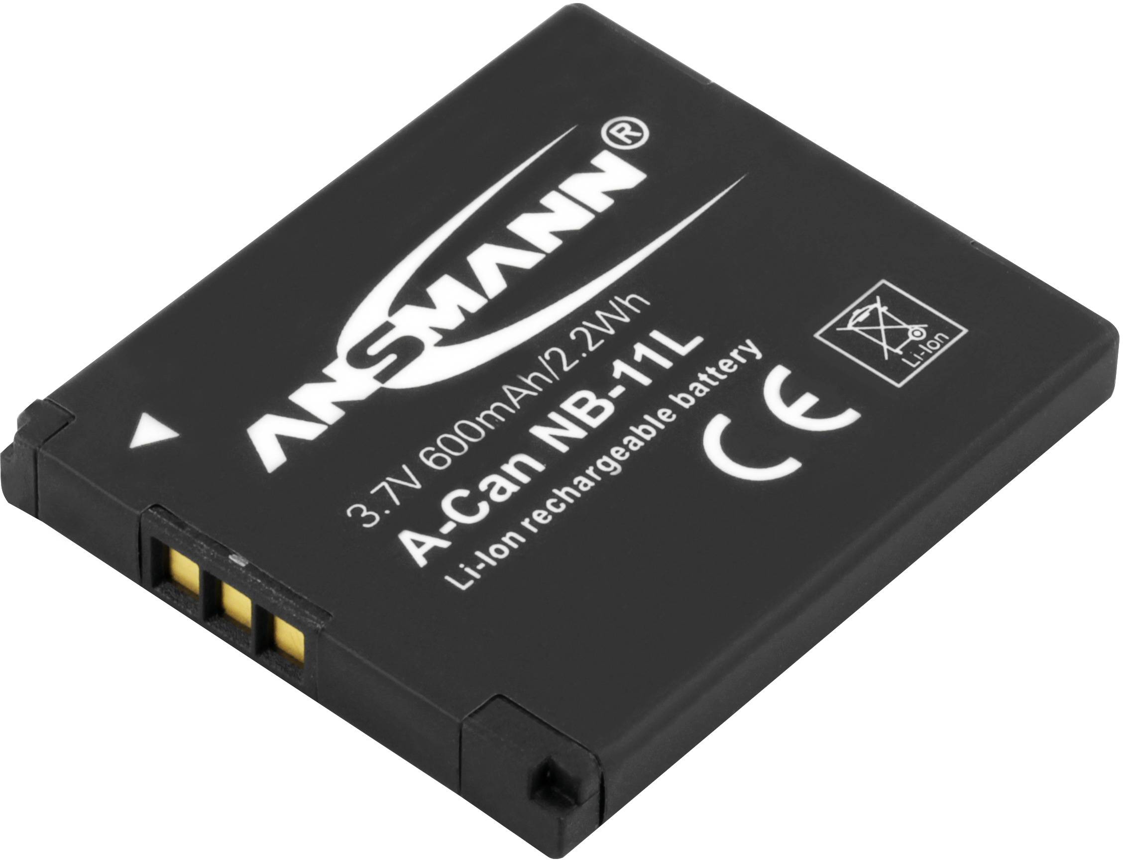 Battery pack with 3.7V, 600mAh, 2.2Wh by Ansmann, Model NB-11L. Li-Ion rechargeable battery pack, CE and WEEE marked.