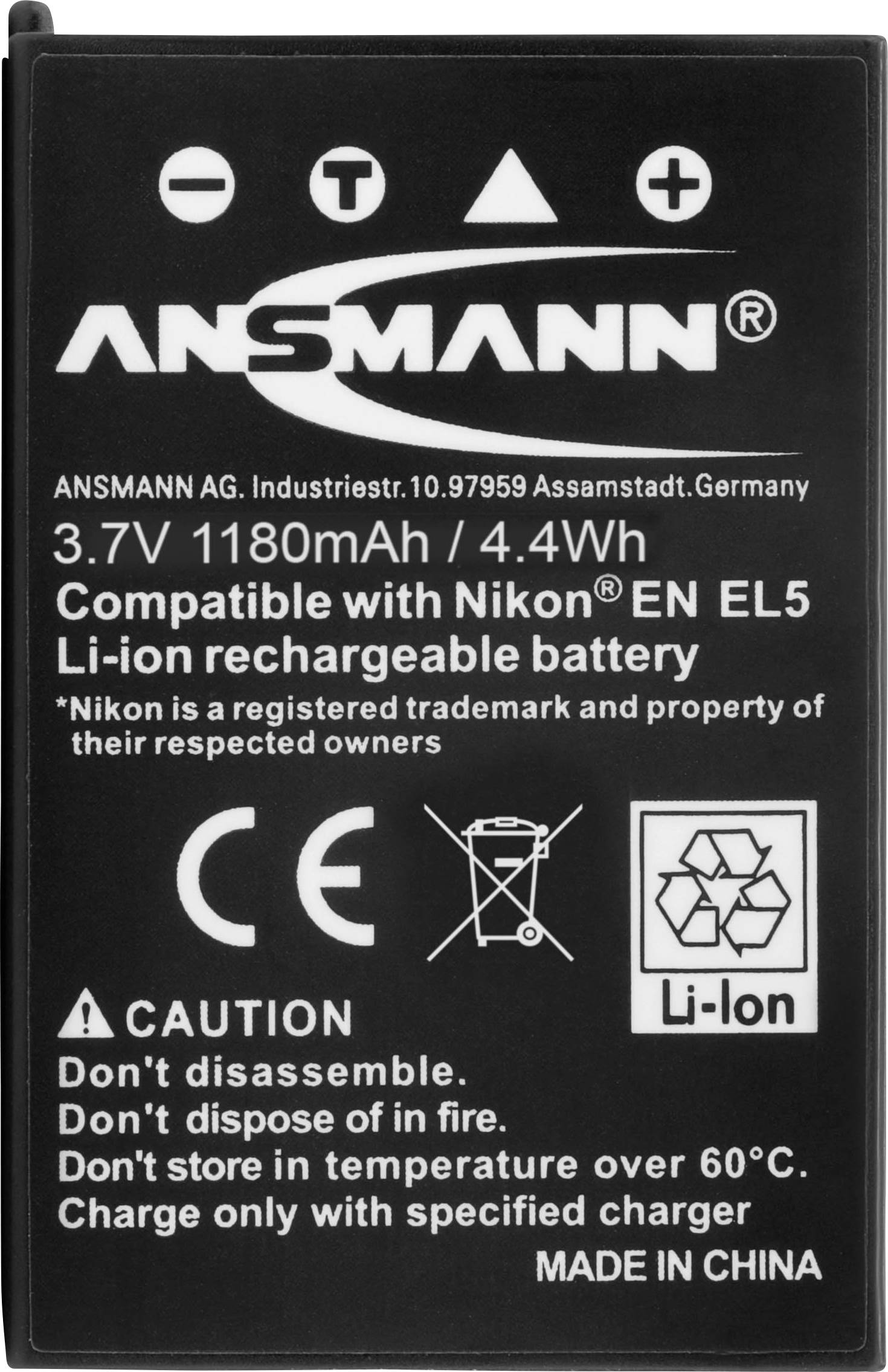 Ansmann battery, 3.7V, 1180mAh. Compatible with Nikon EN-EL5. Notes: Do not throw into fire, do not store above 60°C.