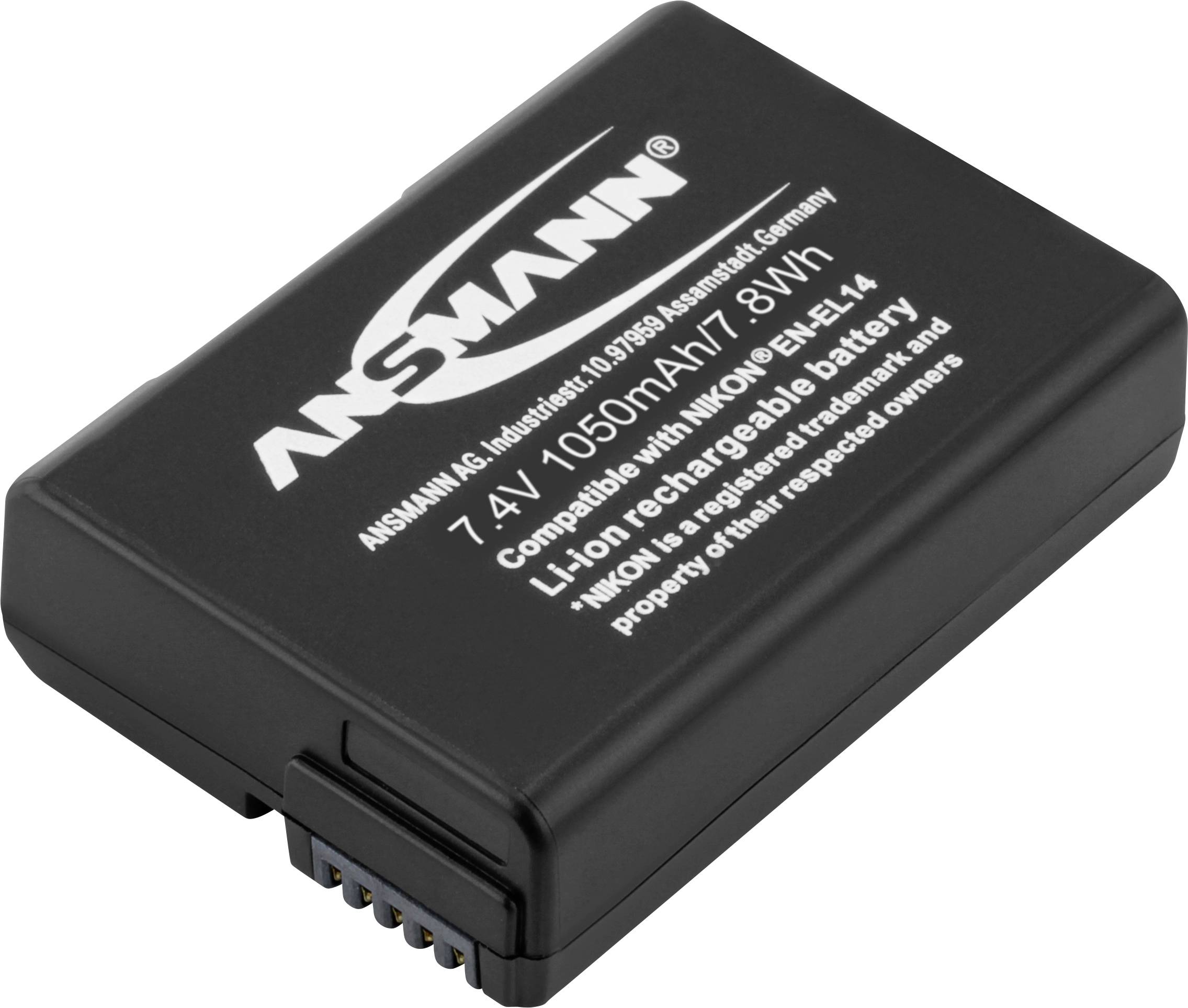 Black battery with the inscription '7.4V 1050mAh 7.8Wh, compatible with Nikon EN-EL14, rechargeable Li-Ion'.