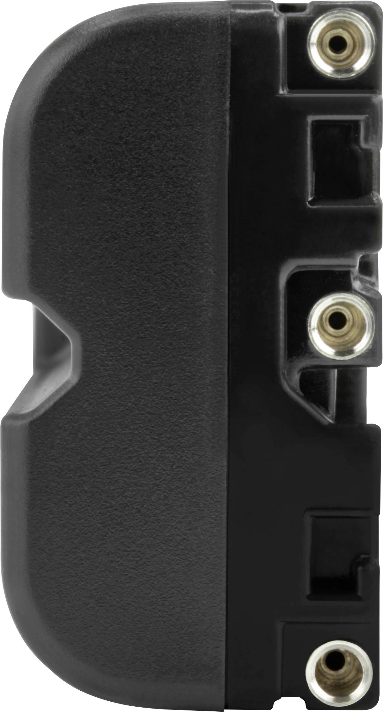 A black electronic device with three gold-coloured socket ports vertically arranged on its right side.