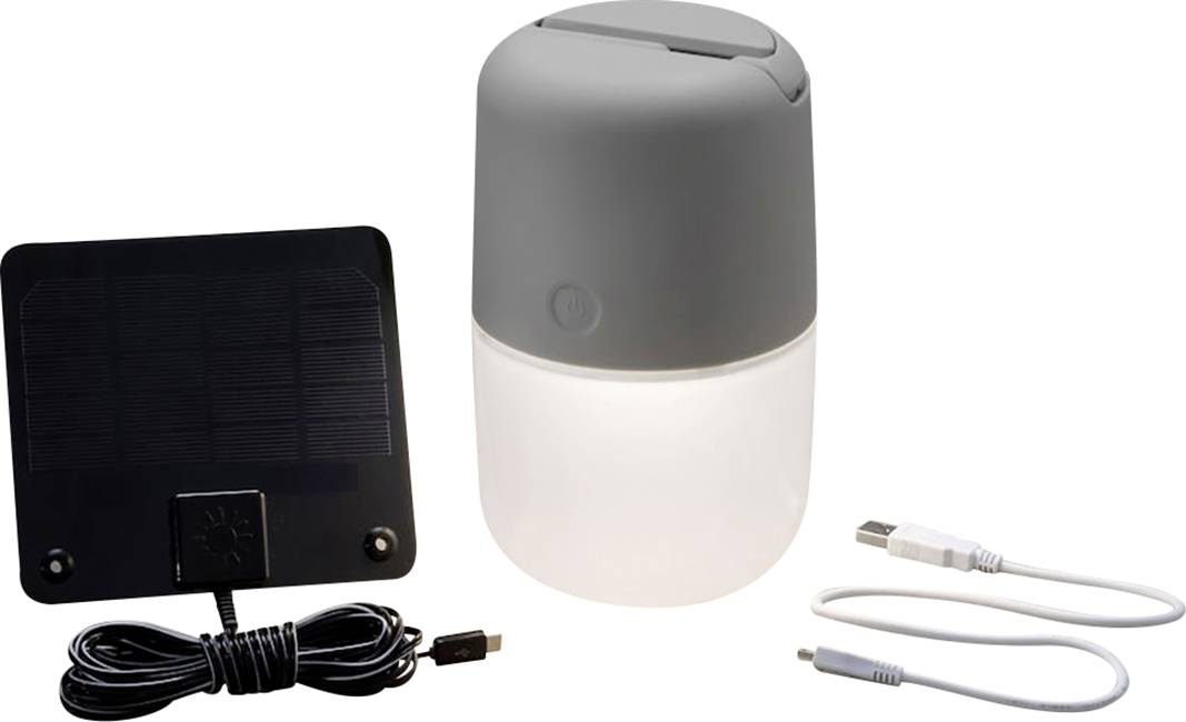 Solar-powered LED lamp with removable solar panel, USB charging cable, and adapter cable. Suitable for environmentally friendly lighting.