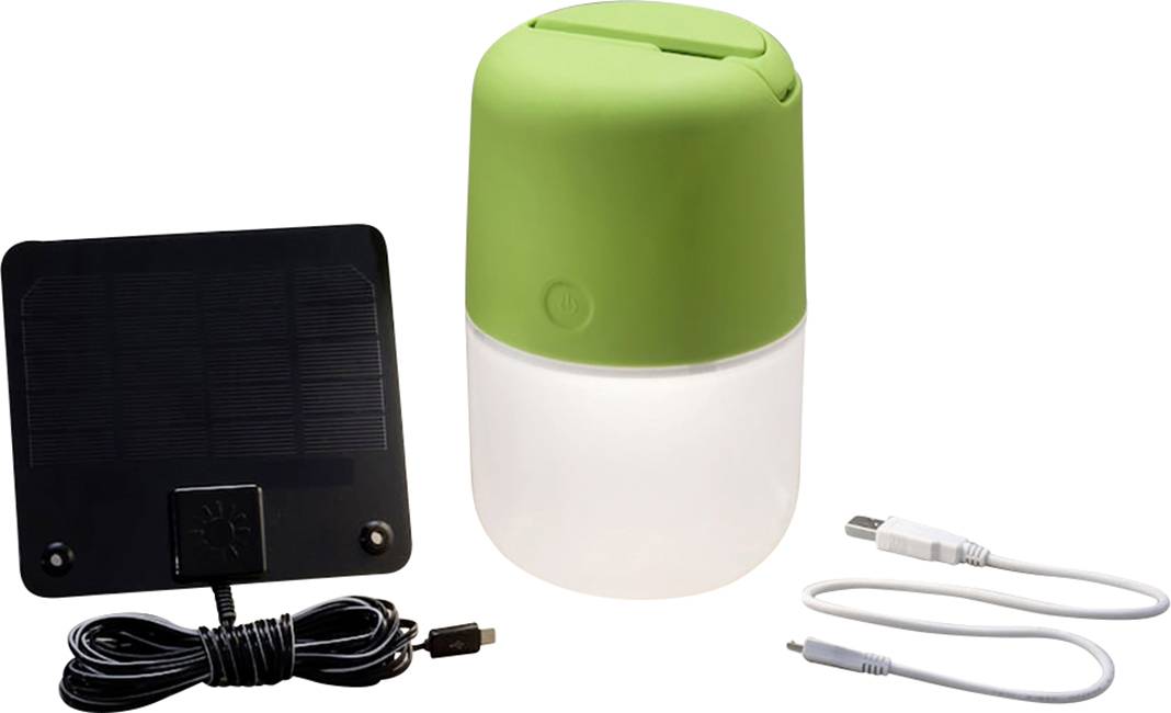 A portable LED light with a green lid, a solar panel and two USB charging cables. Ideal for eco-friendly lighting.