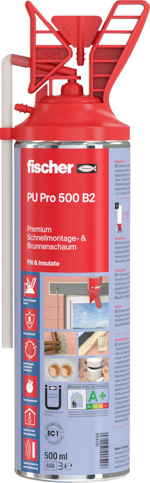 'Fischer PU Pro 500 B2' foam bottle with red applicator, shows applications: construction, insulation. Contains safety instruction symbols.