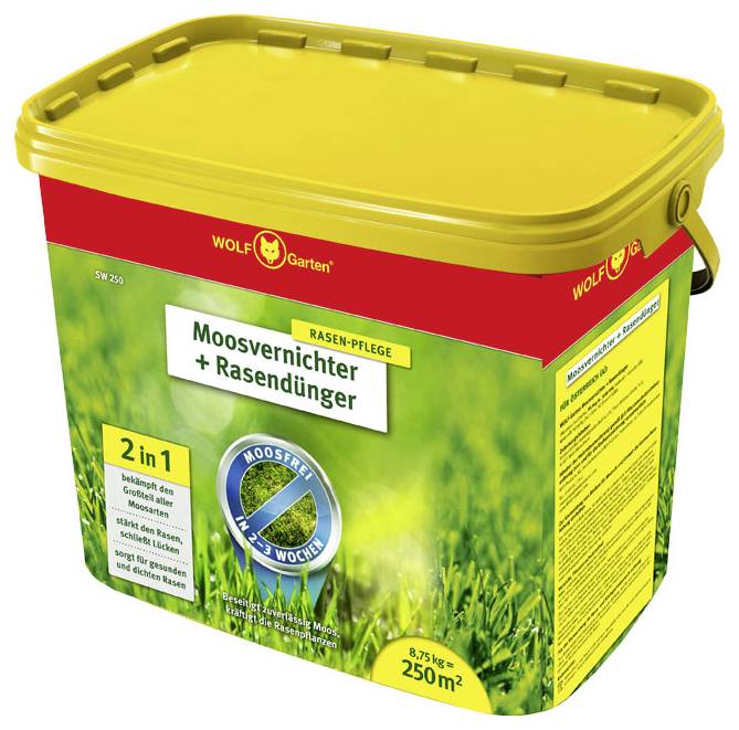 Container with 'WOLF-Garten' moss killer and lawn fertiliser. Treats 250 m², effective for 6 weeks, combines moss removal and fertilisation.
