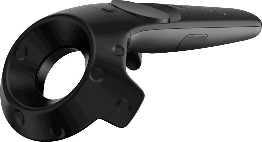Black controller with ring holder, flat grip, multiple buttons and ergonomic design, suitable for virtual reality games.