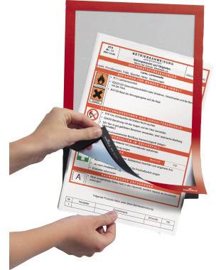 A hand is pointing to a document in a red, transparent sleeve. Text is visible, but not readable.