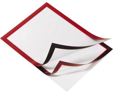 A red sheet of paper with a corner folded upwards, with a black border underneath.
