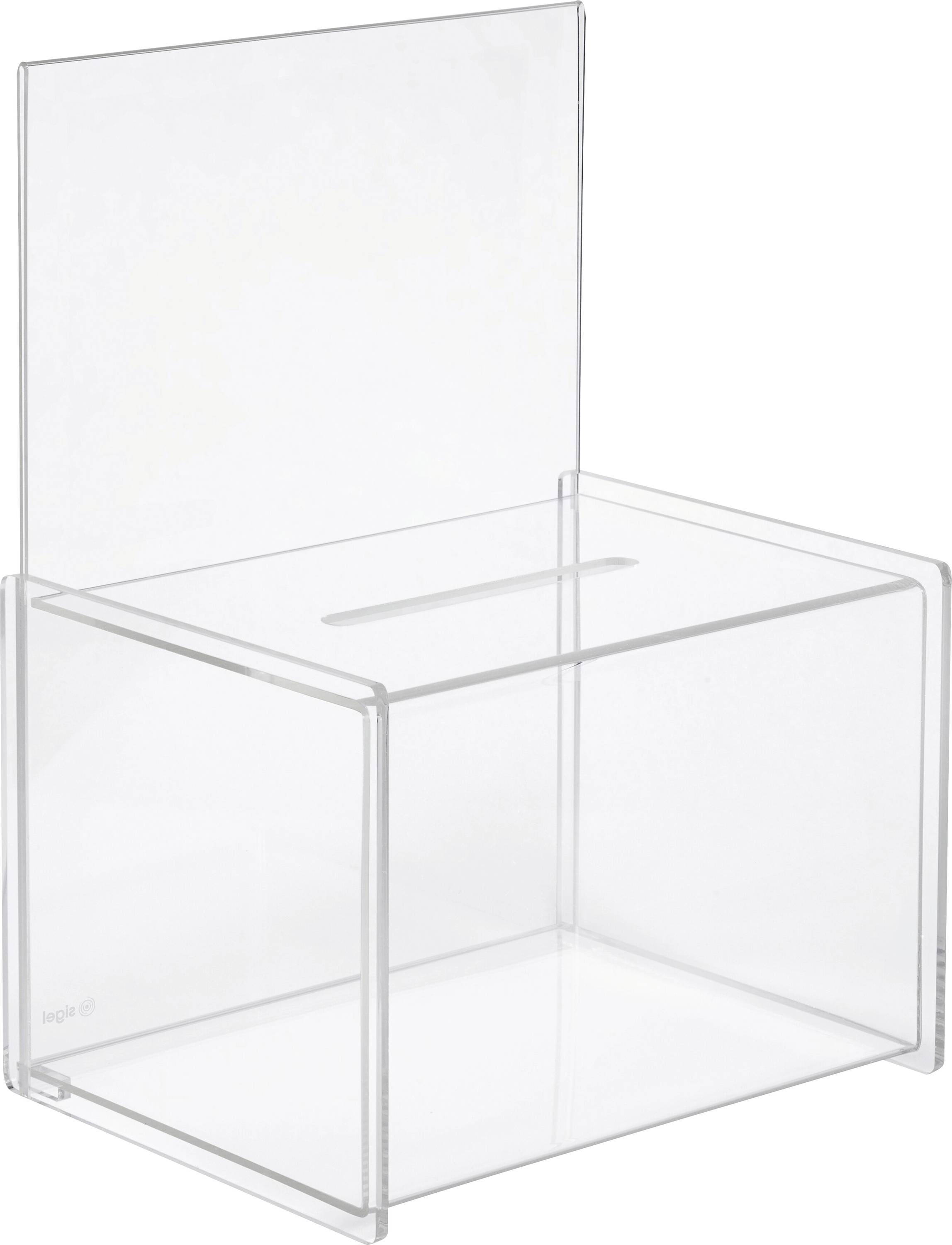 A clear acrylic ballot box with a slot on the top for inserting votes or submissions. The box is empty and sits against a plain background.
