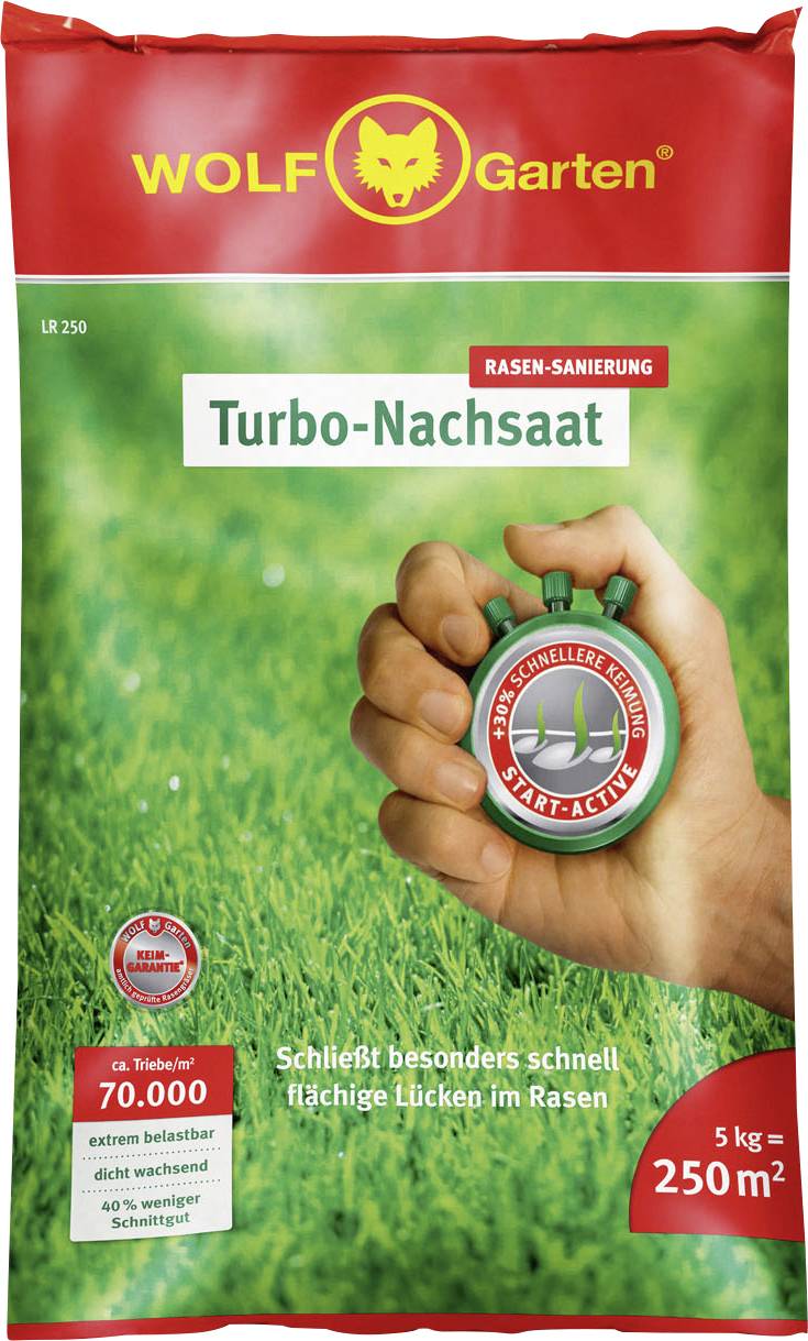 A bag of Wolf-Garten 'Turbo Re-seeding' grass seed for lawn renovation. Contents: 5 kg for 250 m², quickly fills gaps in the lawn.