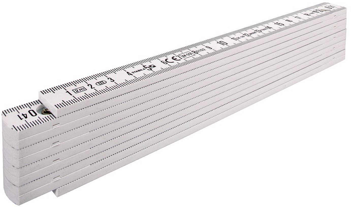 A white folding ruler with black markings and numbers from 0 to 200 cm, folded on a white background.