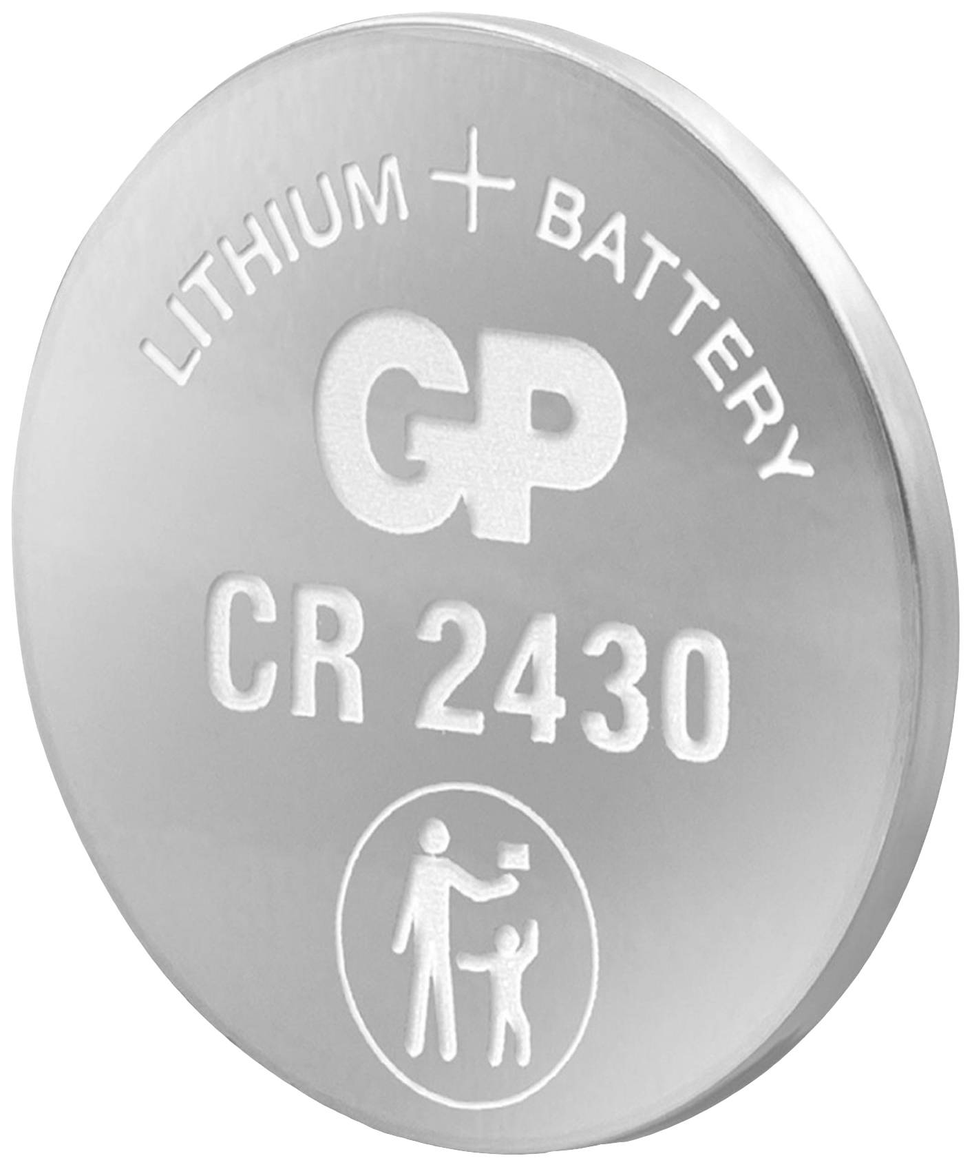 Button cell GP Ultra+ Lithium CR2430 in silver with plus symbol and safety symbol.