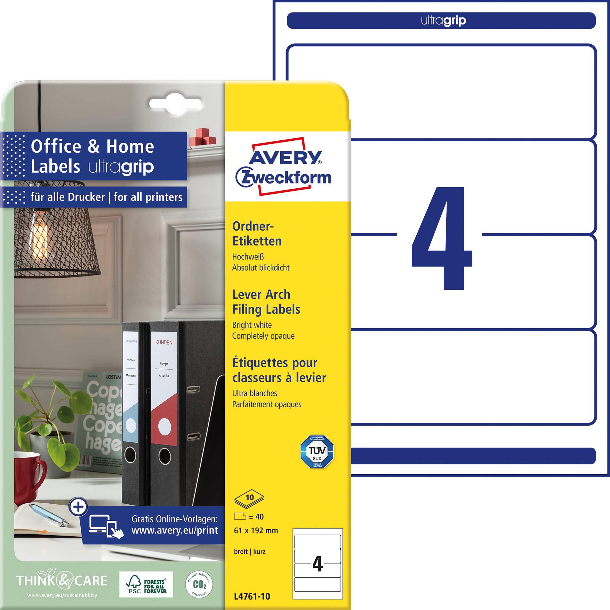 Pack of 4 white filing labels by Avery Zweckform, compatible with all printers, with blue 'ultragrip' border at the top.