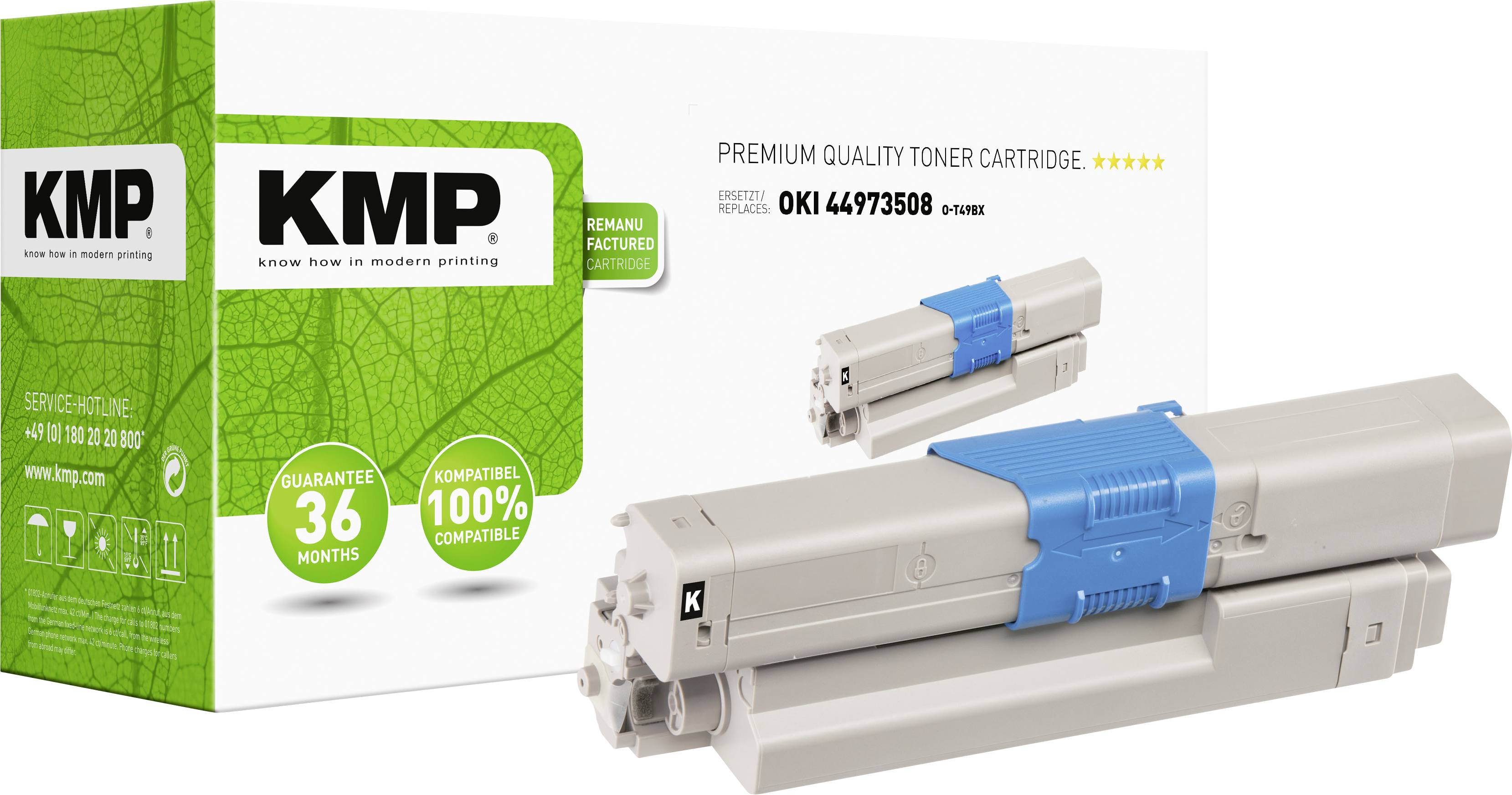 KMP toner cartridge for OKI 44973508 printer, presented in green and white packaging. 36-month guarantee.