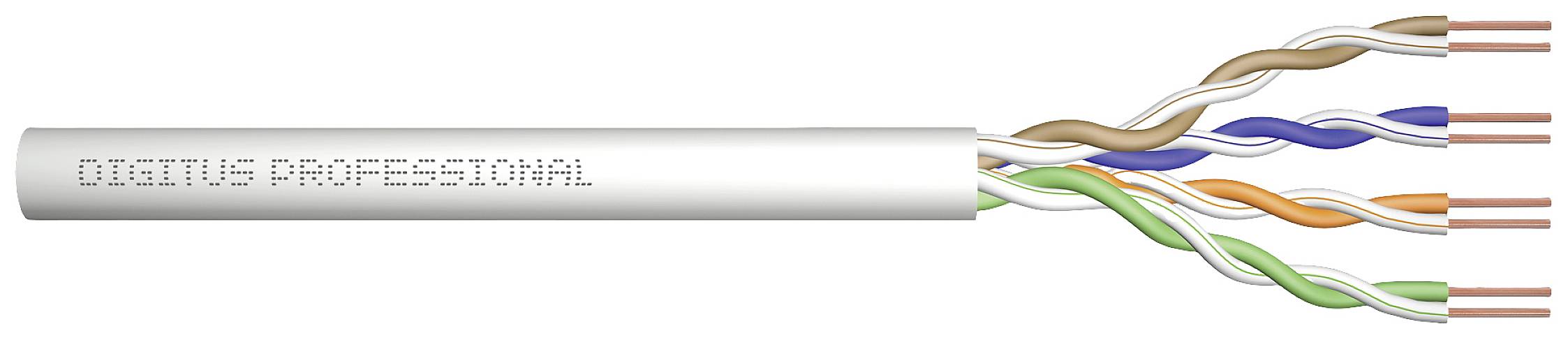 Network cable with four twisted pairs and the inscription 'DIGITUS PROFESSIONAL'; suitable for data transmission.