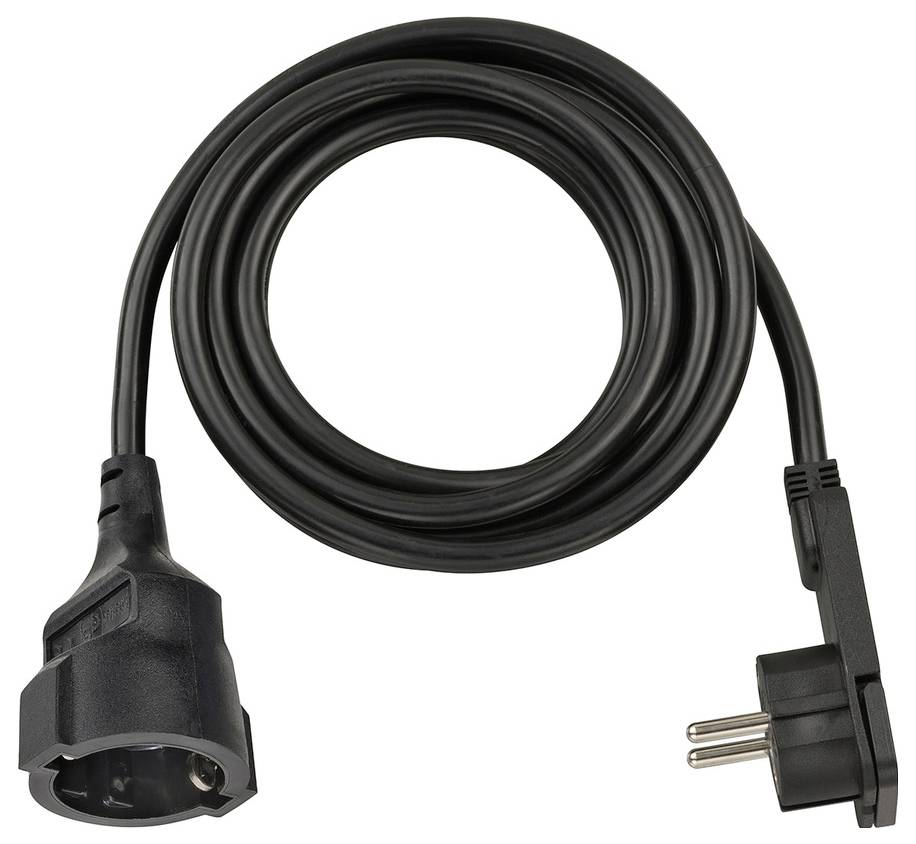 Black power extension cord coiled on white background with a grounded plug and socket ends.