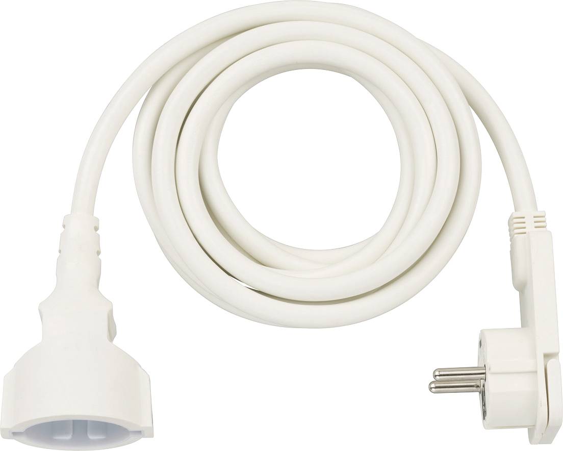 White electrical extension cord with a round socket on one end and a right-angle two-prong plug on the other, coiled on a white background