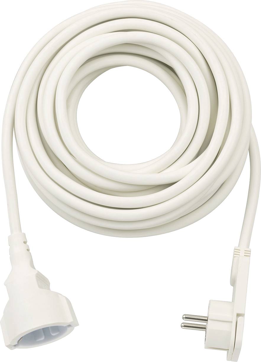 Coiled white electrical extension cord with a European two-pin plug on one end and a socket outlet on the other.